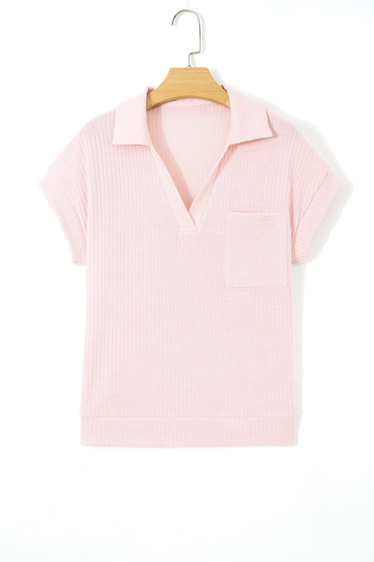 Threaded Pear Womens Marley Light Collared Ribbed V-Neck Tee - Pink