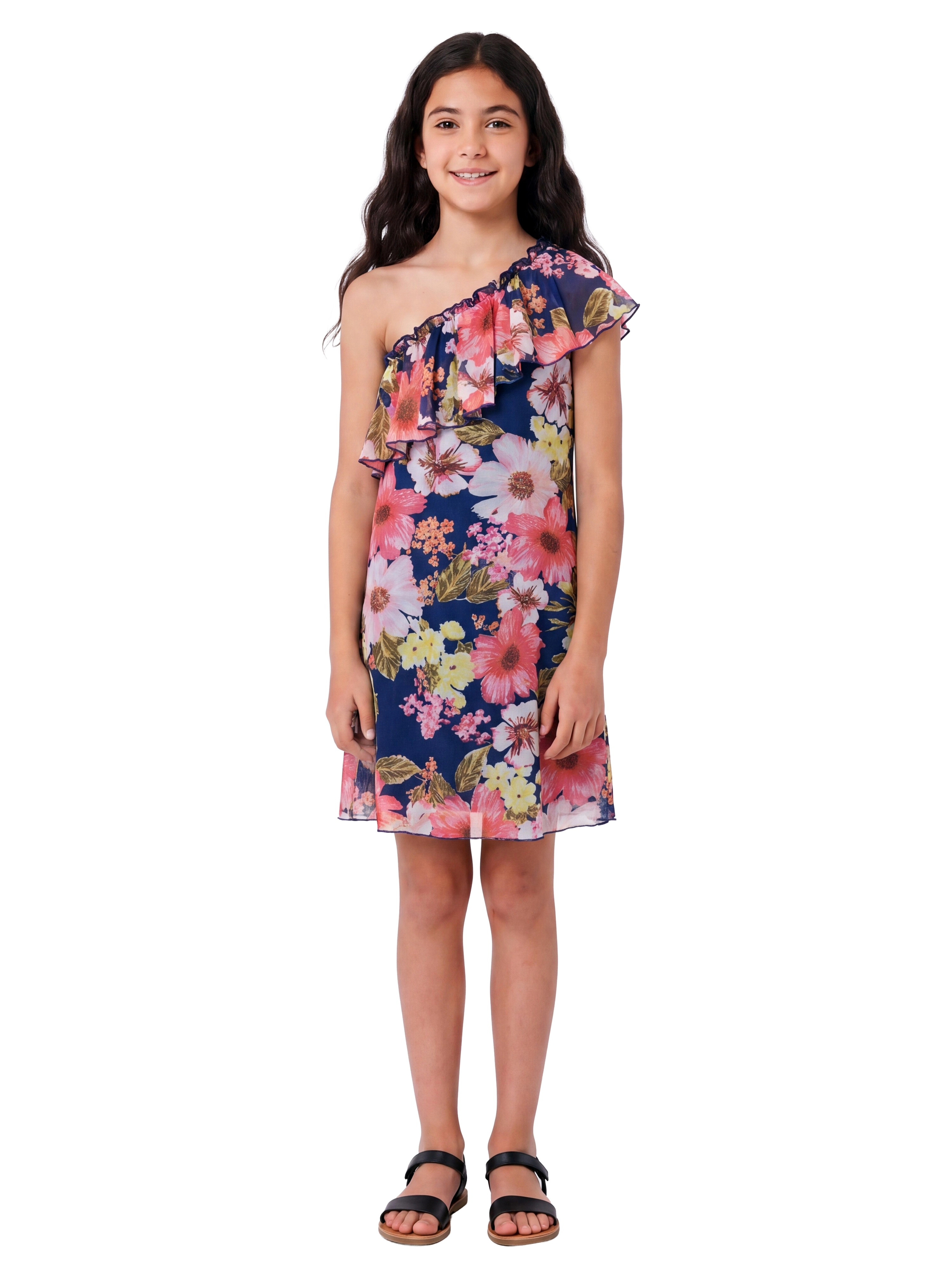 24sevenKid Essential Girls Black Floral One Shoulder Ruffle Knee Length Dress