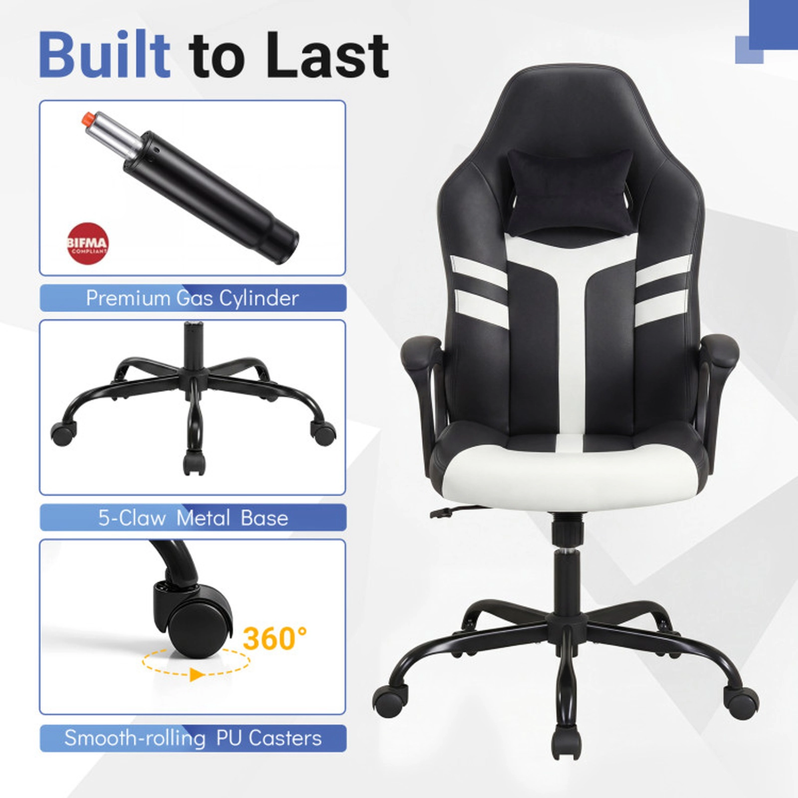 SUGIFT White Faux Leather High-Back Office Chair with Plush Trim and Neck Pillow
