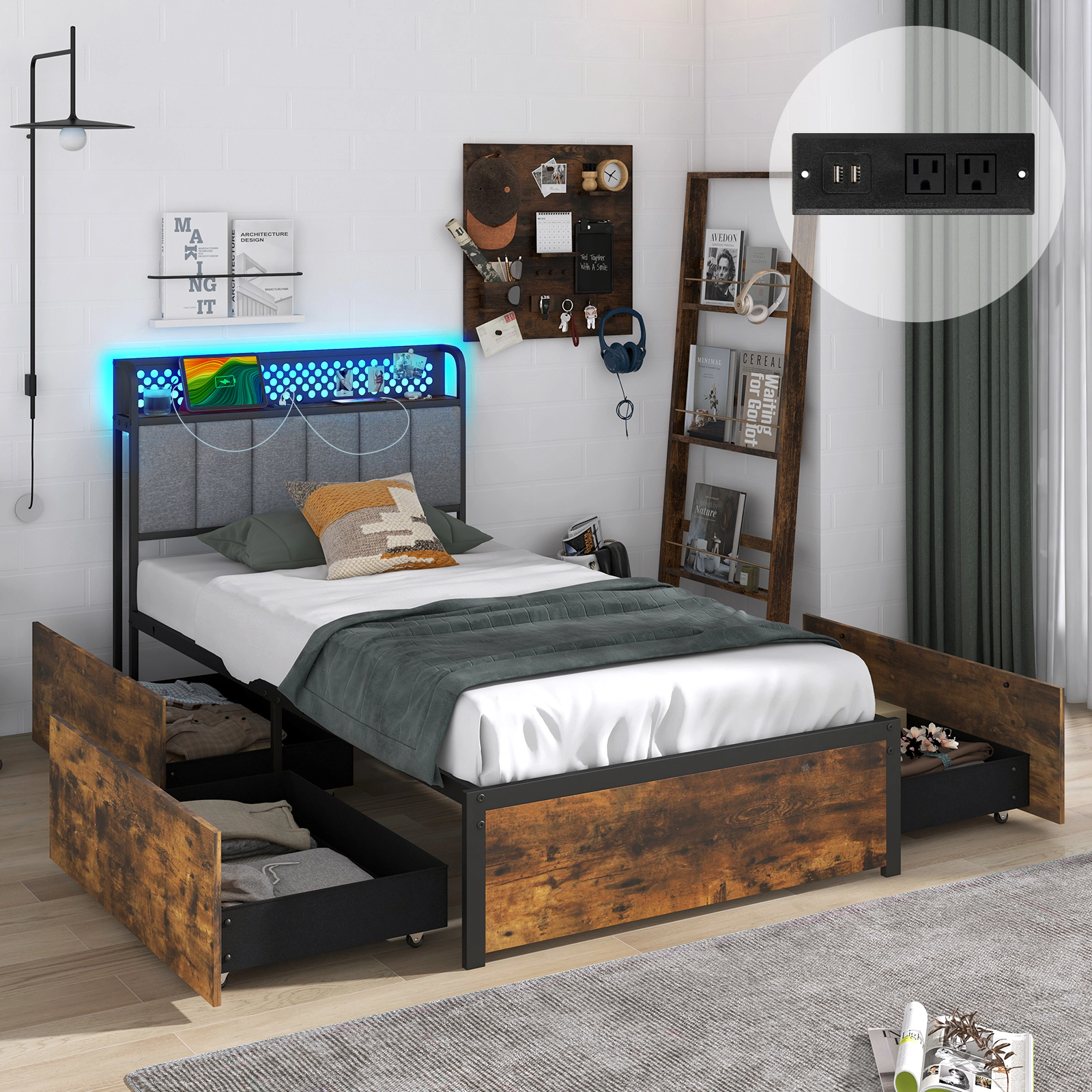 LJG Twin/Full/Queen Bed Frame with LED Lights Upholstered Headboard and 4 Storage Drawers