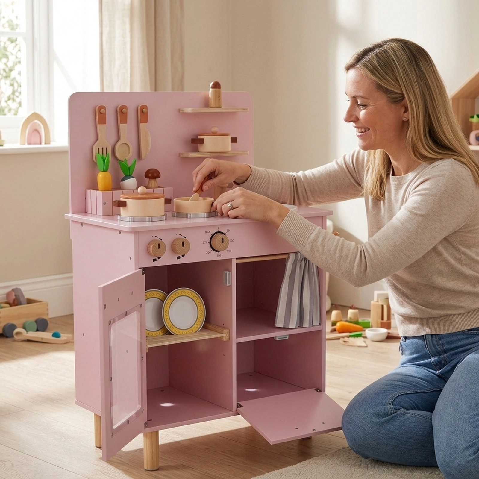 Wooden Play Kitchen for Toddlers with Clicking Stove Faucet Sink Dishwasher and Anti-Tip Design 20-in x 12-in x 32-in