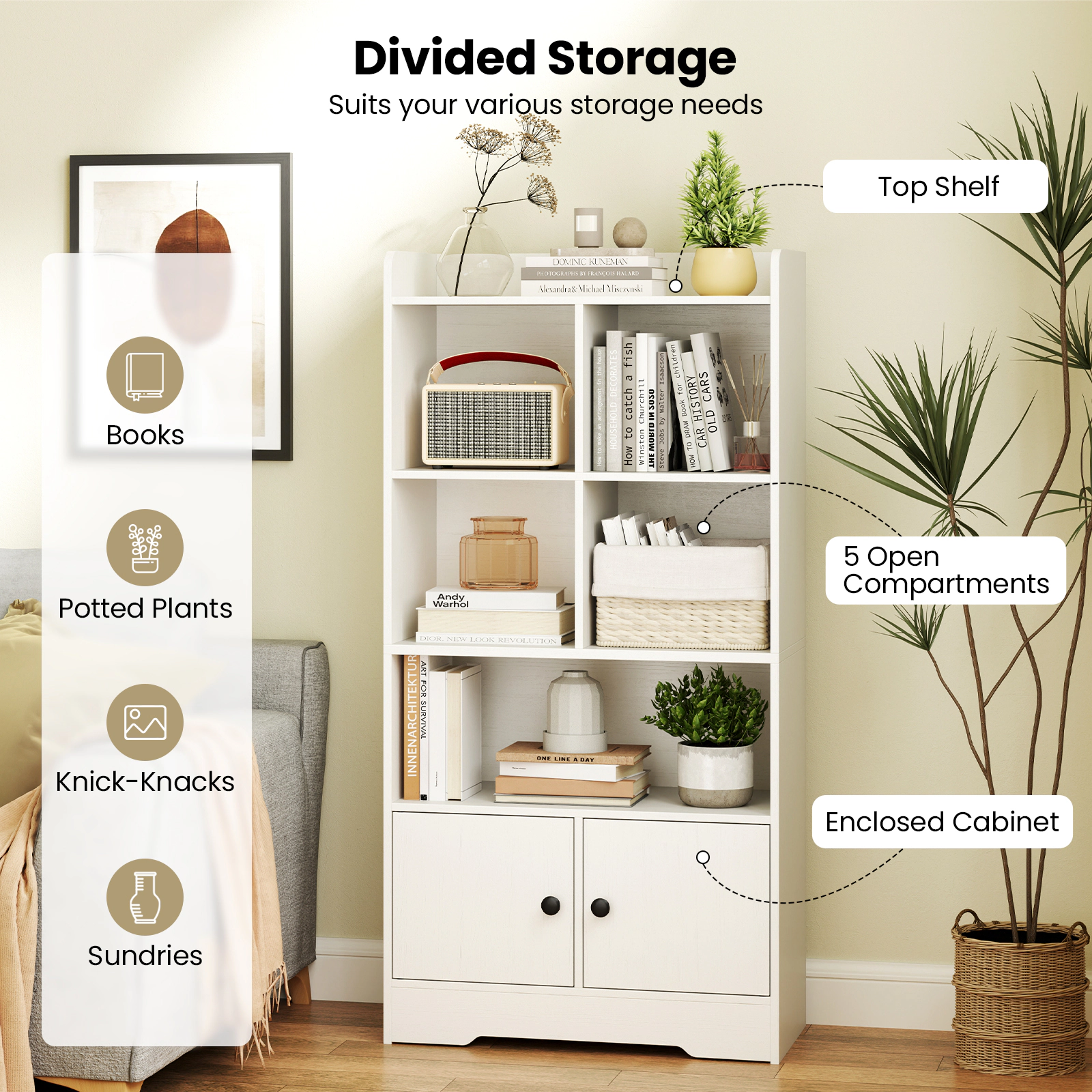 SUGIFT 4-Tier Engineered Wood Bookshelf with 4 Cube Display Shelf and 2-Door Cabinet 44-lb Top Layer Capacity White
