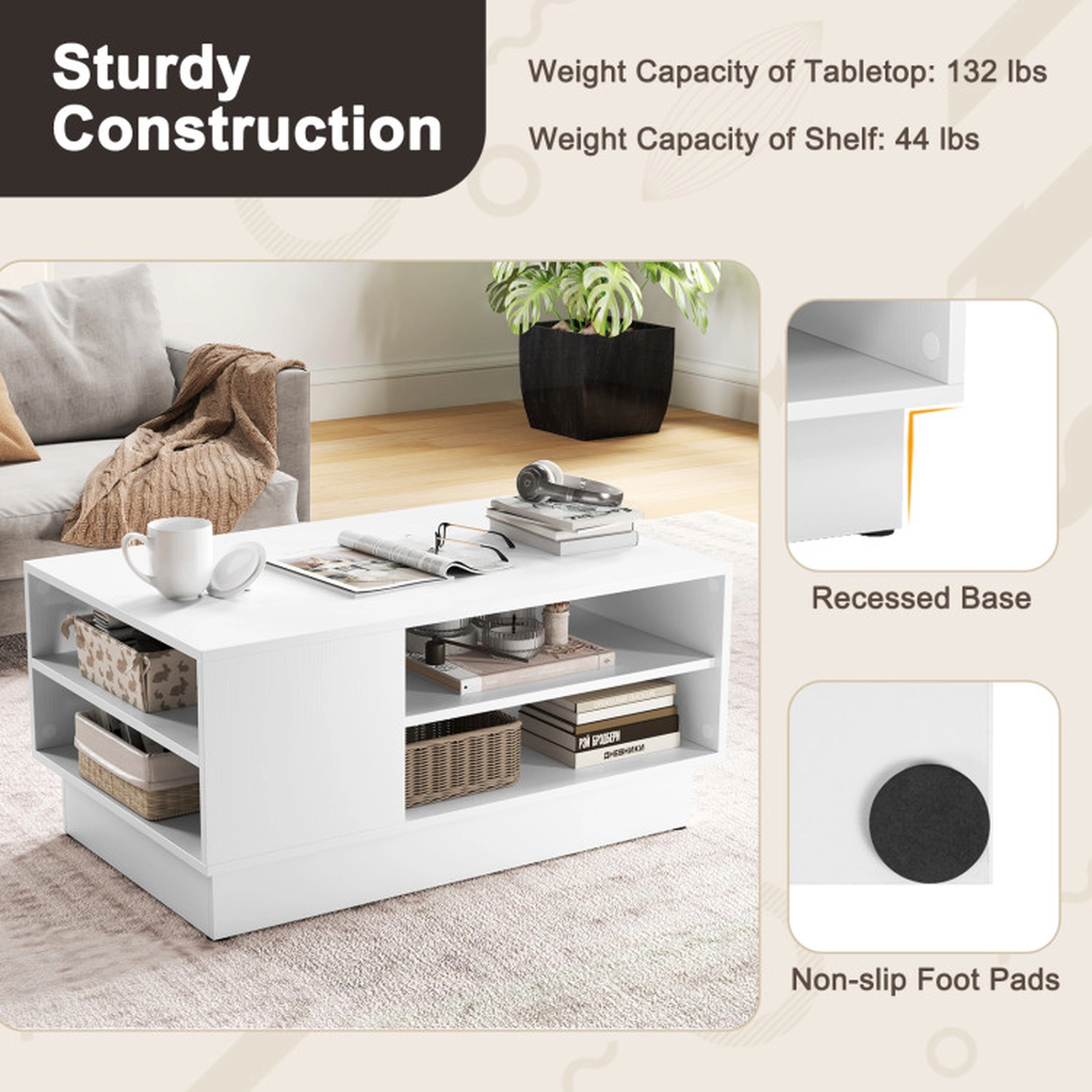 SUGIFT 34-in 132-lb Capacity Modern White Coffee Table with 2-Tier Open Storage and Recessed Base