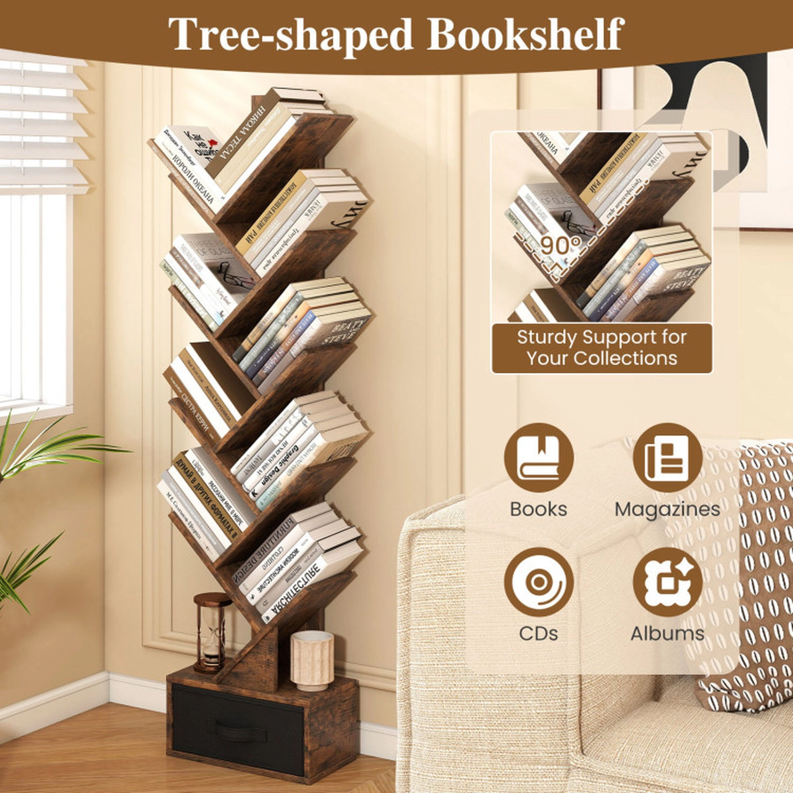 SUGIFT 10-Tier Tree Bookshelf with Drawer Freestanding Storage Bookcase 58.5-in Tall 100-lb Capacity Rustic Brown Black