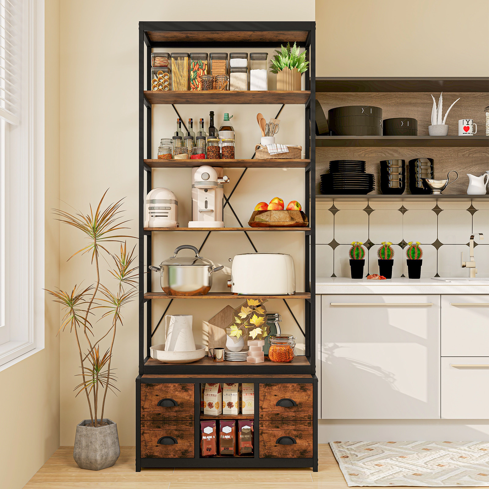 SUGIFT 8-Tier Rustic Brown 79-in Tall Industrial Bookshelf with 4 Fabric Drawers Metal Frame and 66-lb Shelves