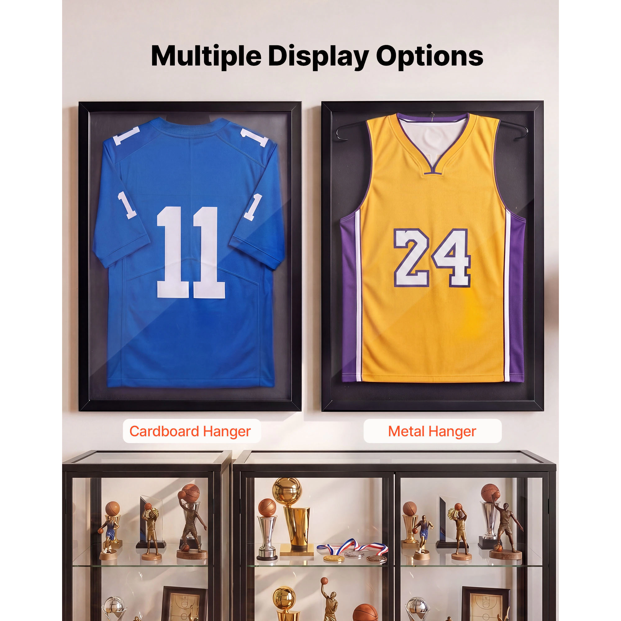 HONGGE Jersey Frame Display Case Wooden Sport Jersey Shadow Box with 98% UV Protection PC Panel and Hanger Magnetic