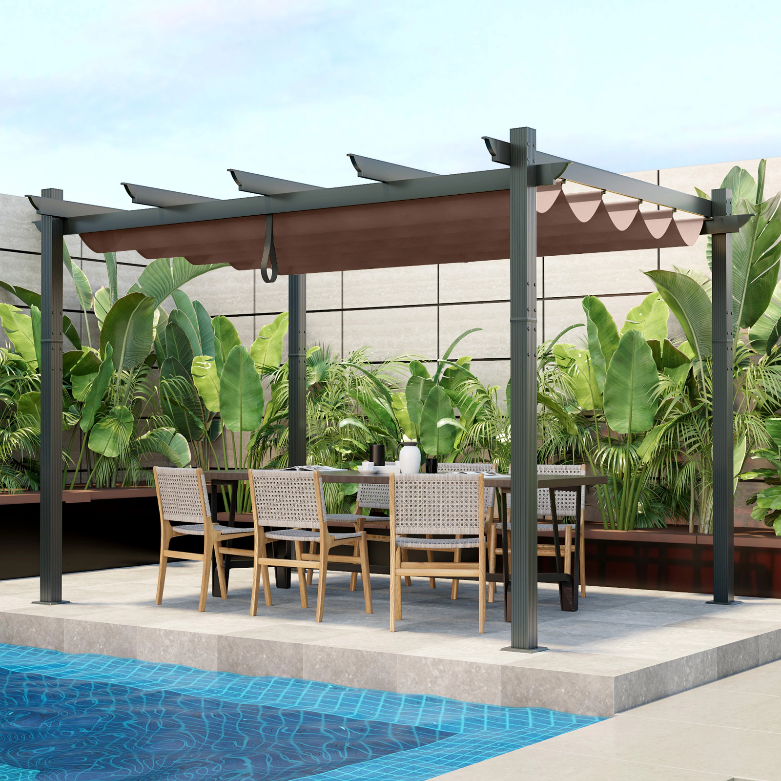 Hivvago 10 x 12 Feet Outdoor Aluminum Retractable Pergola Canopy Shelter Grape Trellis-Coffee