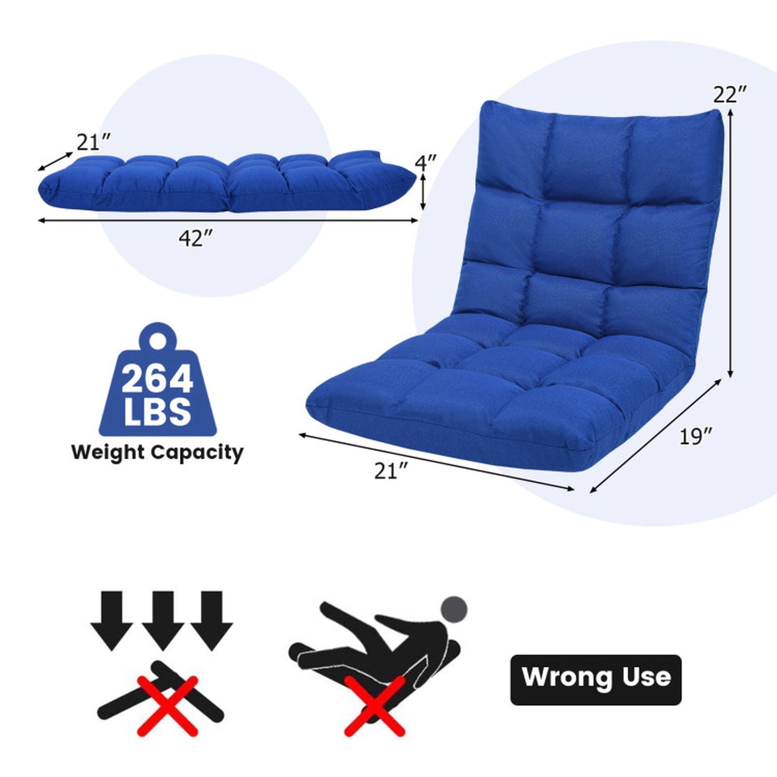 SUGIFT 14-Position Anti-Slip Cotton Linen Folding Floor Gaming Sofa Chair 42-in x 21-in x 4-in 264-lb Capacity Blue