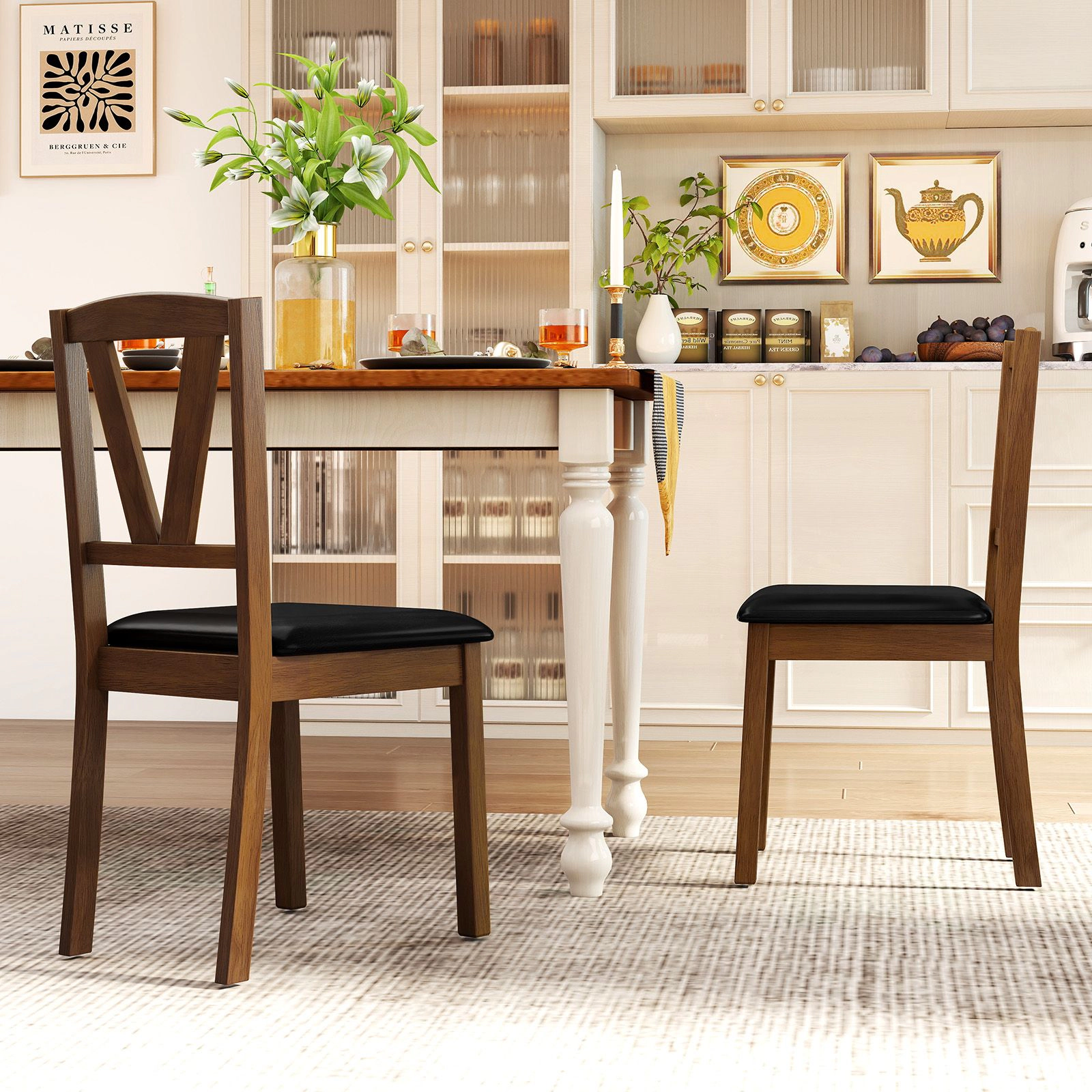 SlickBlue Rubber Wood Dining Chairs with Leather Seat Set of 2