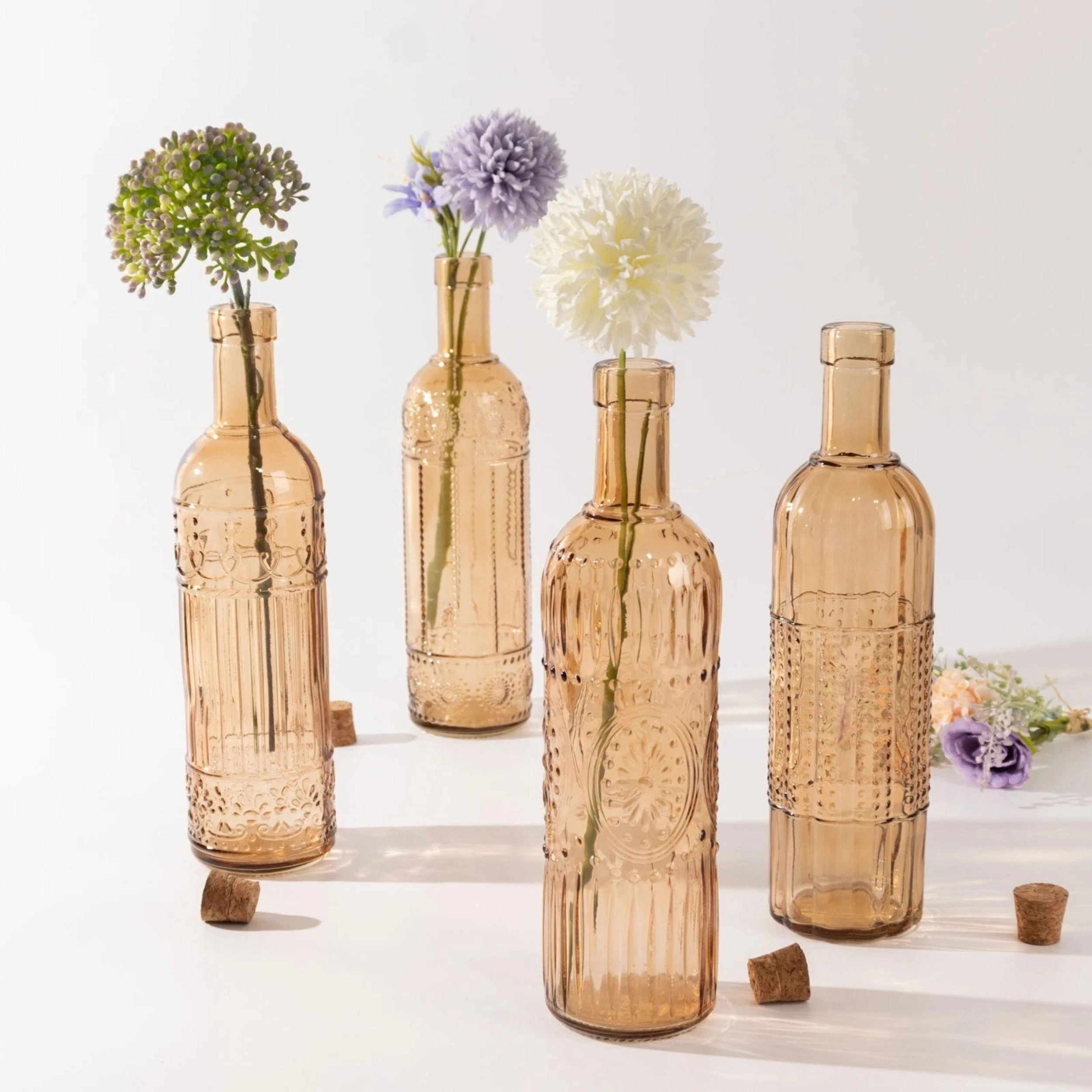 Home Collection Set of 4 10-Inch Embossed Glass Bottles with Corks