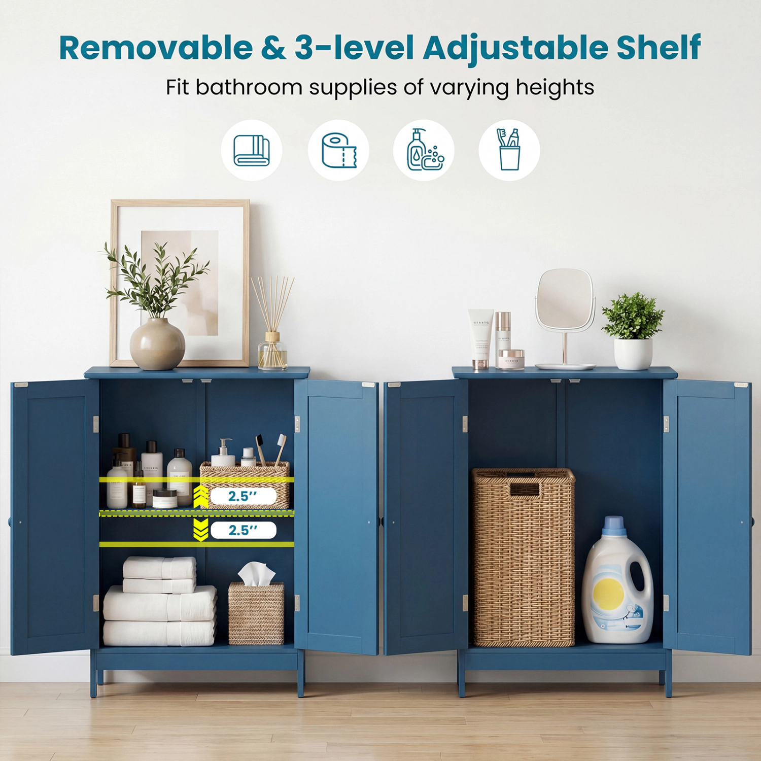 Glintex 2-Door Wooden Cabinet with Waterproof Paint and Round Knobs, Navy Blue