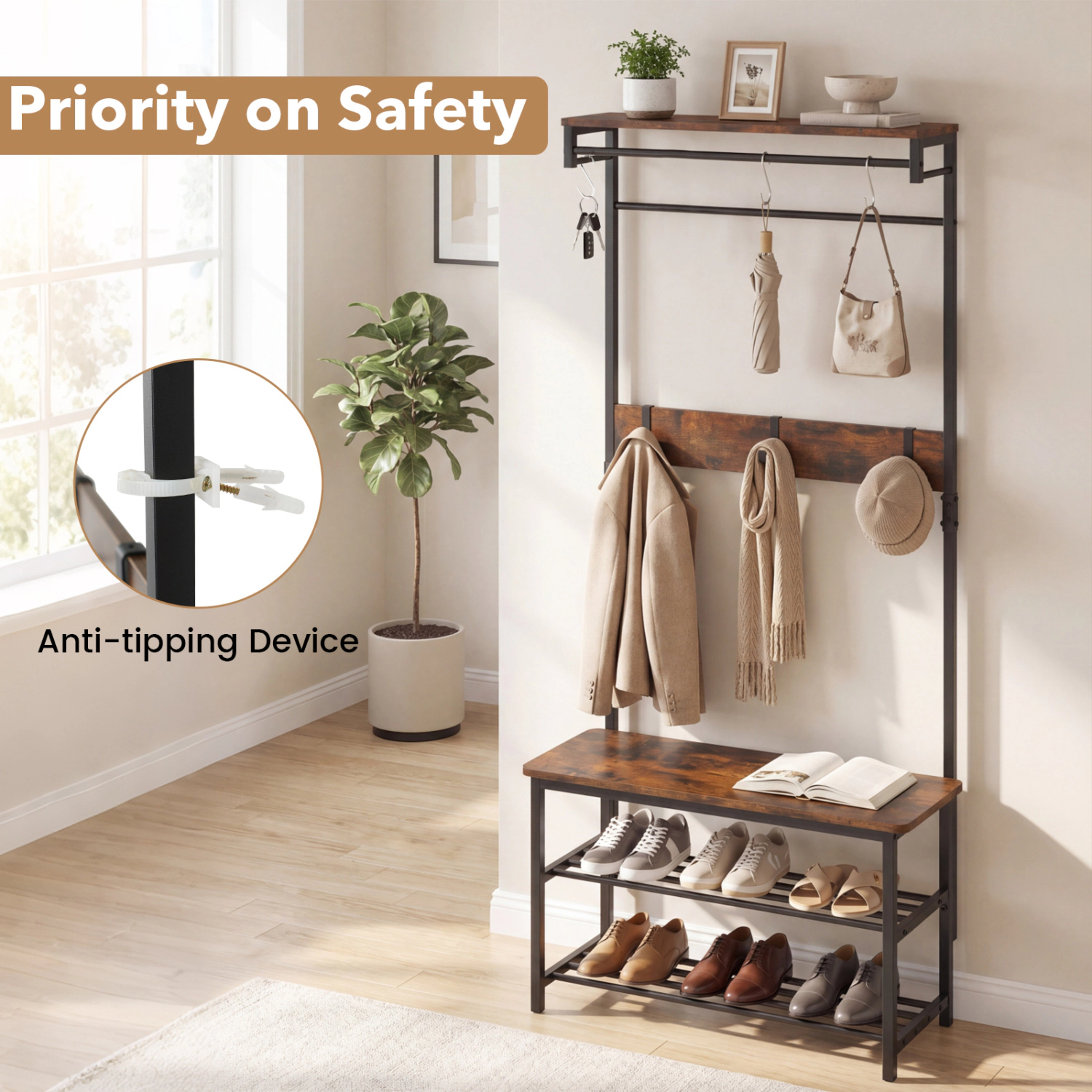 Glintex 4-in-1 Hall Tree with Hanging Rod 6 Removable Hooks and 2-Tier Shoe Rack, Coffee