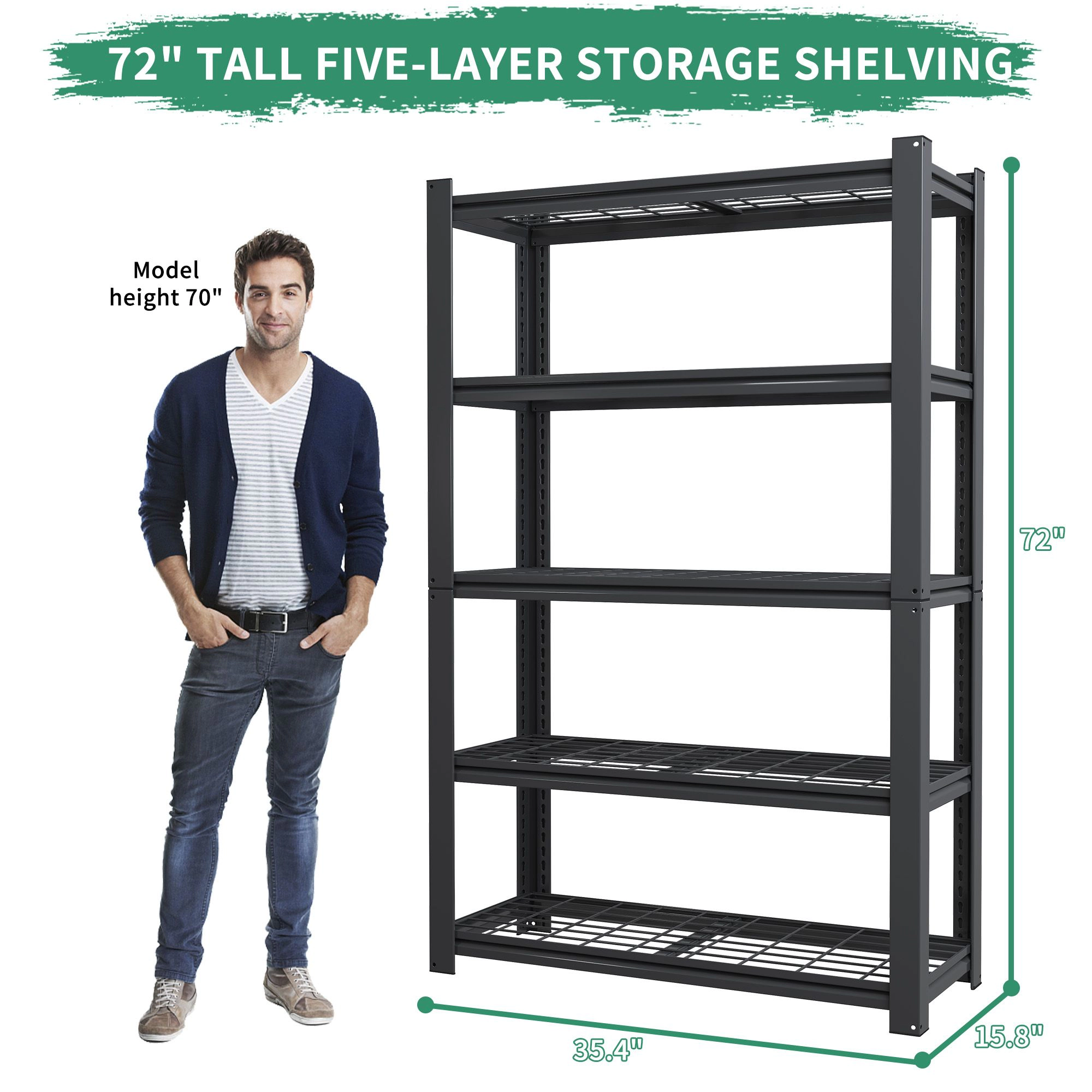 Flynama 5 Tier Metal Mesh Storage Rack 2000 LBS 72 in H Black Adjustable Heavy Duty Shelf Organizer for Pantry