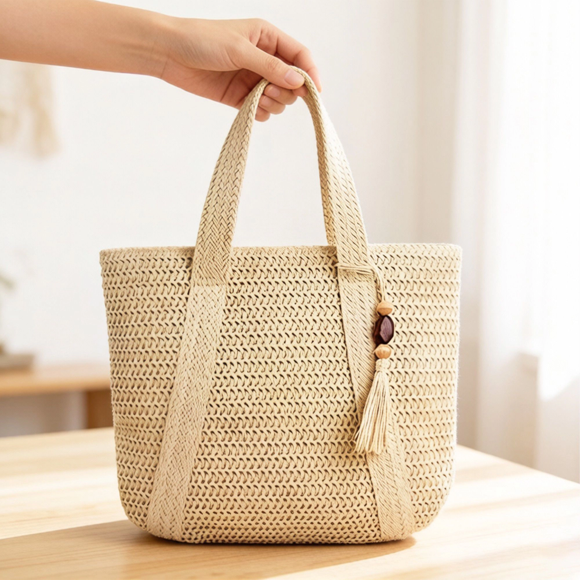 Alilang Women's Crochet Knit Tote Bag with Structured Shape Dual Shoulder Straps and Tassel Accent Detail