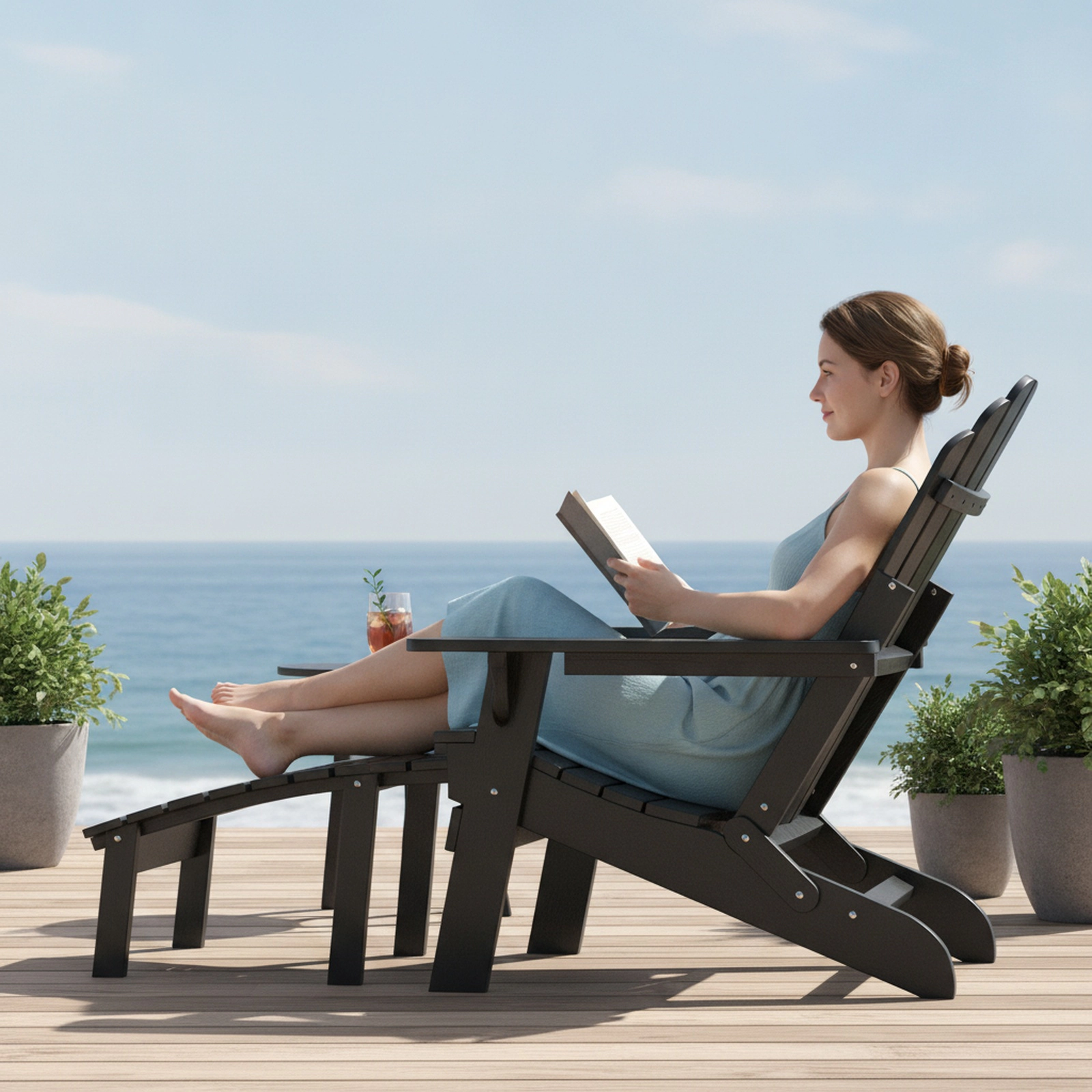 SUGIFT Black Folding Adirondack Chair with Retractable Footrest, 4-Position Recline and Rotating Cup Holder