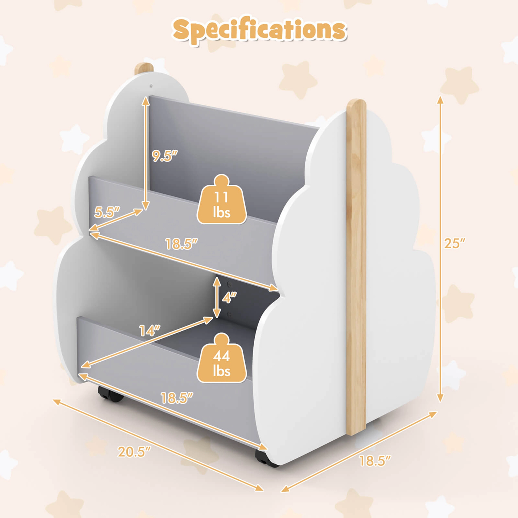 Costway Kids Wooden Bookshelf with Wheels 2-Tier Toy Storage Shelf Double-sided Bookcase Grey