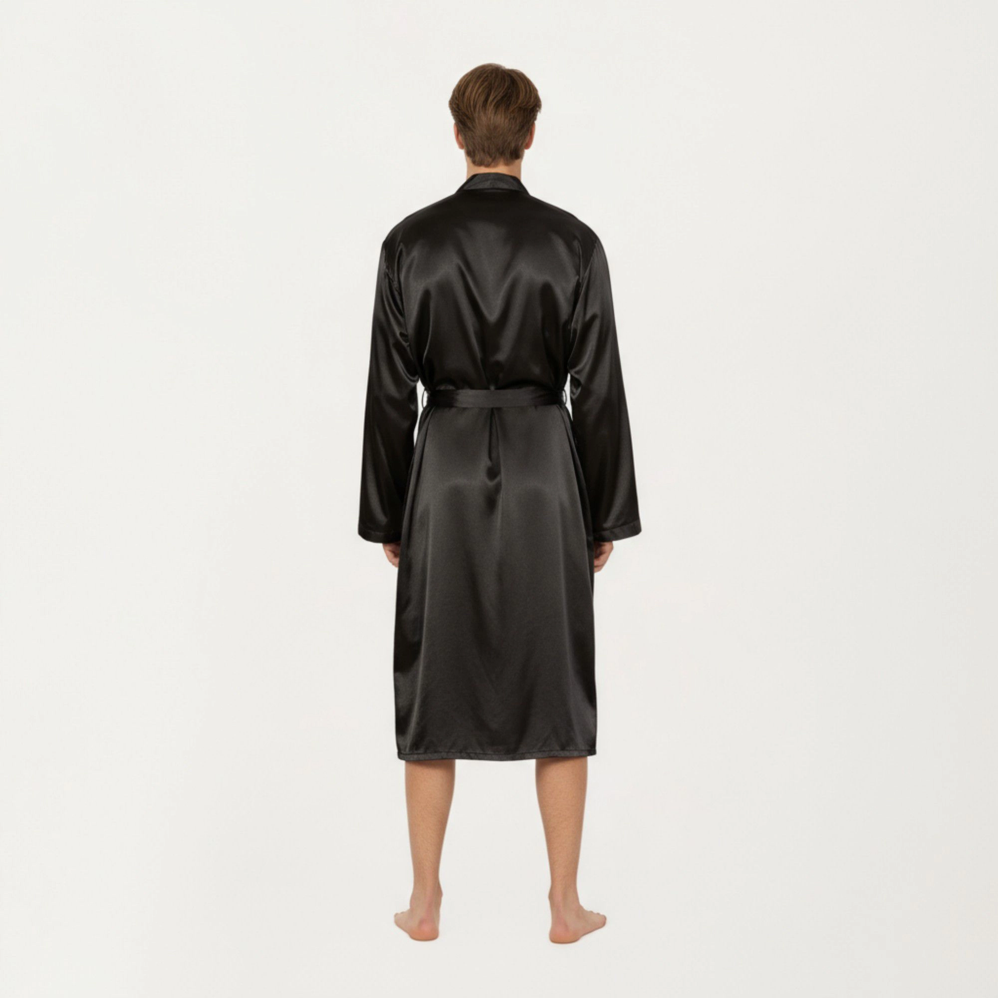Anna-Kaci Men's Satin Robe with Waist Tie Belt and Front Pockets