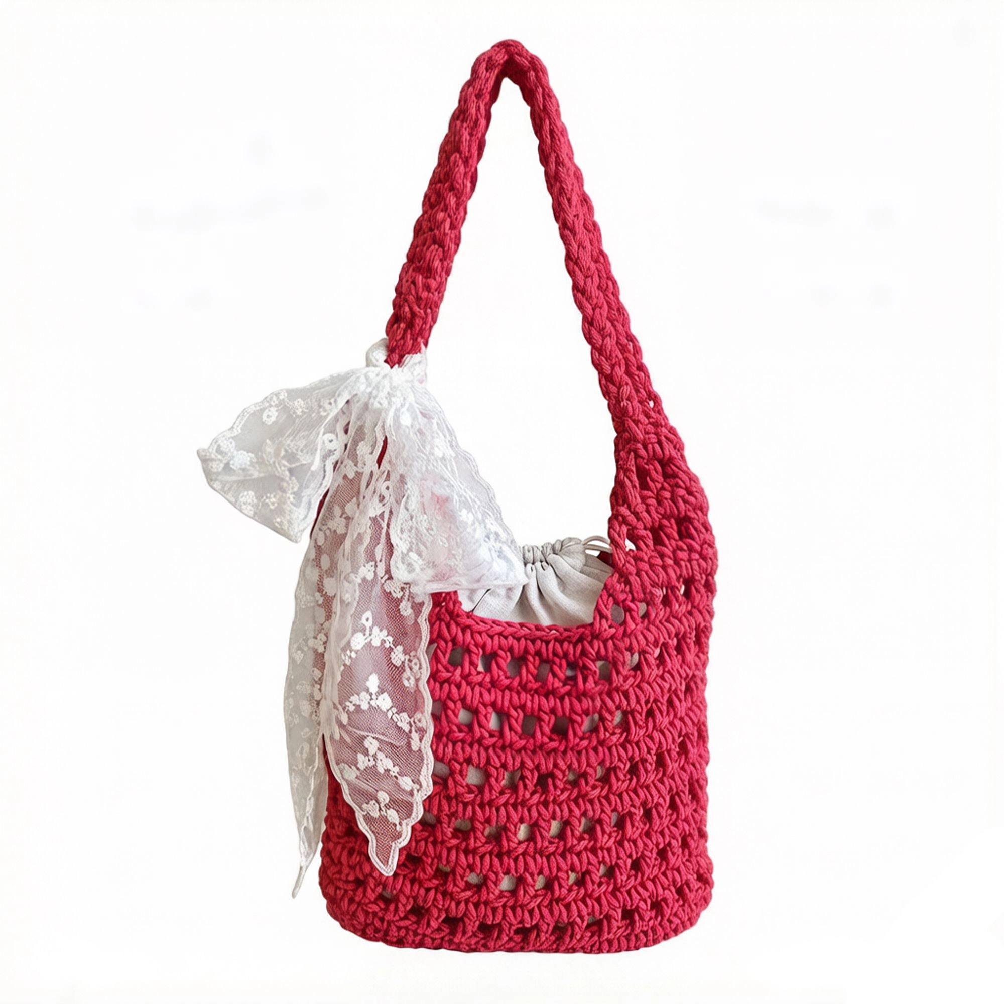 Alilang Women's Crochet Shoulder Bag with Lace Bow Detail Knit Bucket Handbag Drawstring Lined Casual Everyday Tote