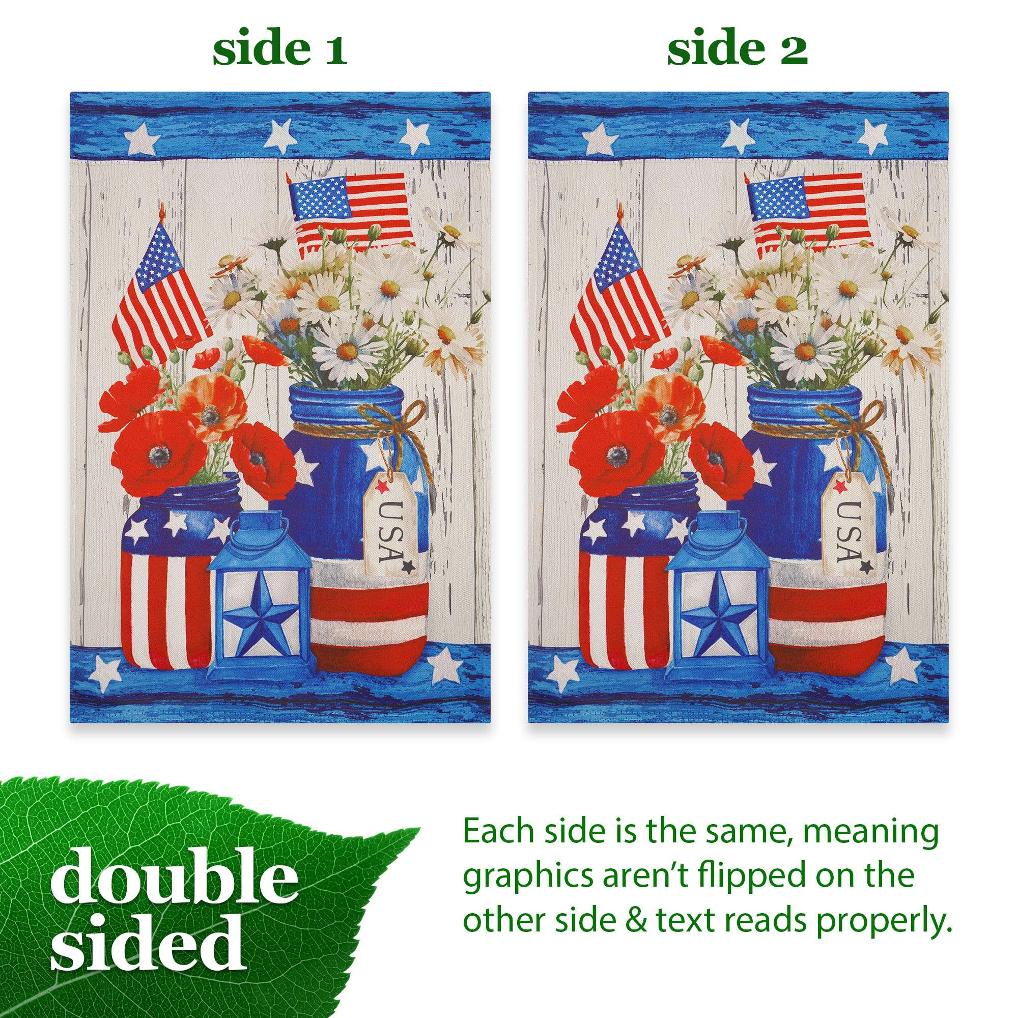 G128 Rustic Mason Jar Patriotic Flowers Garden Flag 12x18 in Double-Sided