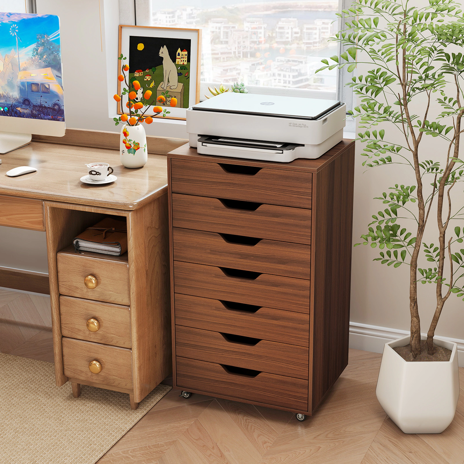 SUGIFT 7-Drawer MDF Engineered Wood Storage Chest with Lockable Wheels 120-lb Capacity Walnut