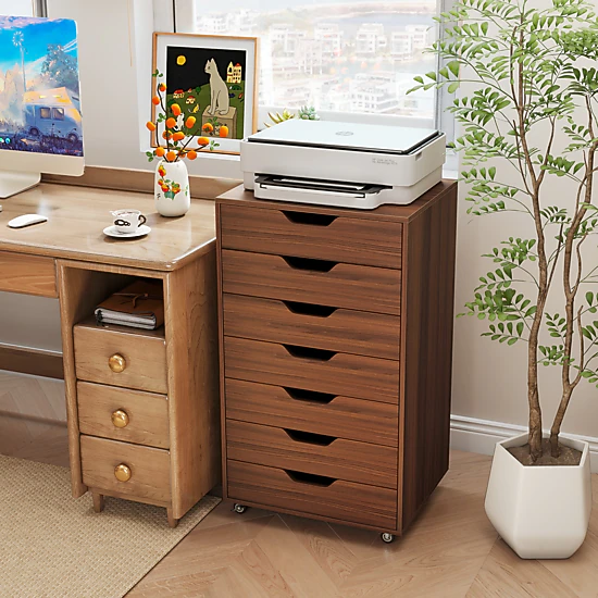 SUGIFT 7-Drawer MDF Engineered Wood Storage Chest with Lockable Wheels 120-lb Capacity Walnut