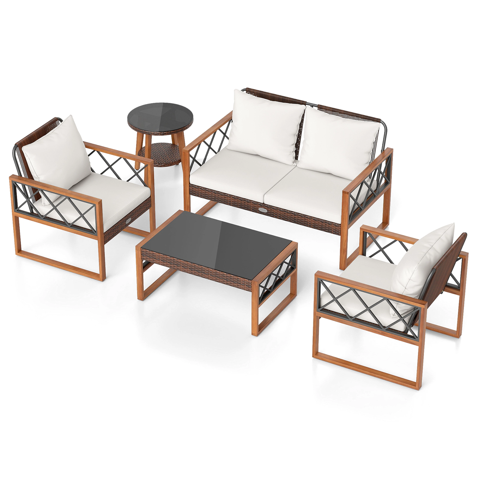 LJG 5 Pieces PE Wicker Patio Furniture Set with Acacia Wood Frame