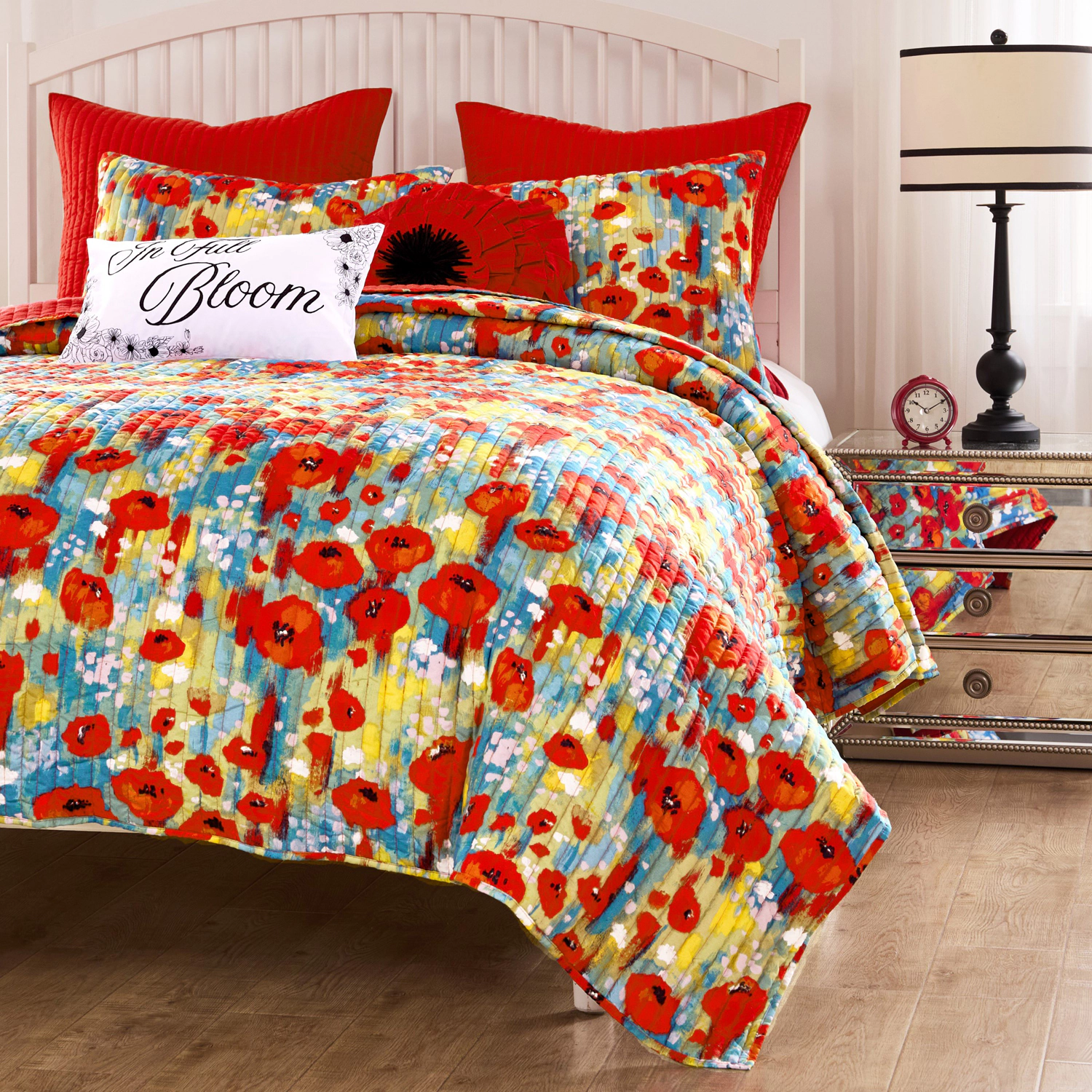 Greenland Home Fashion Poppies Microfiber Face Cotton Back Quilt Set 3-Piece Full/Queen Red