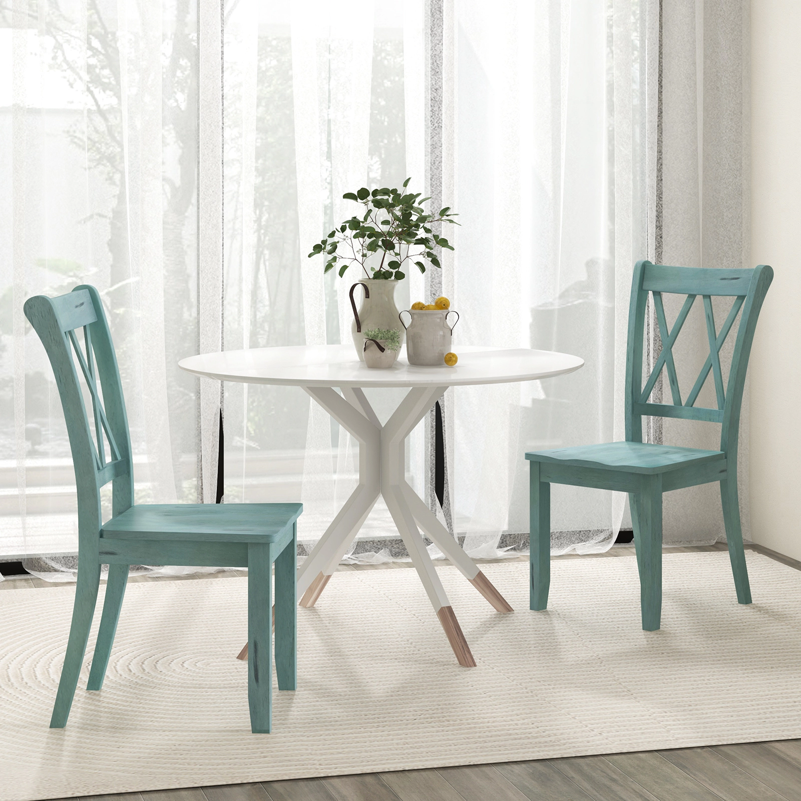SUGIFT Green Cross Back Rubber Wood Farmhouse Set of 2 Dining Side Chairs