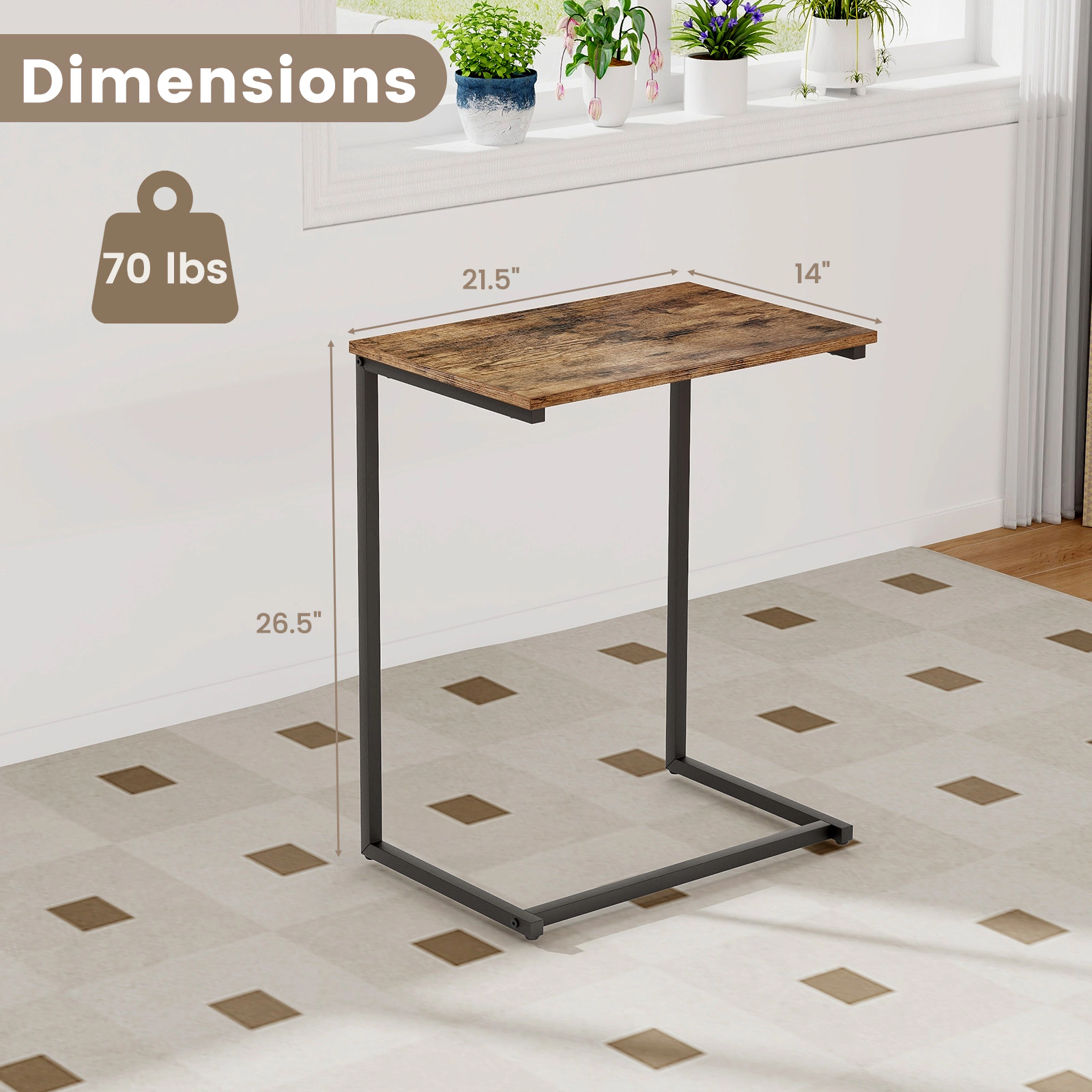 SUGIFT C-shaped Industrial End Table with Metal Frame 45-lb Capacity Rustic Brown/Black