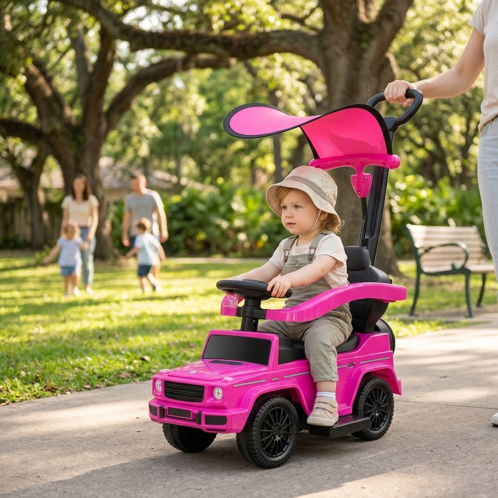 3-in-1 Toddler Push Car Pink Retractable Footrest Canopy Horn Engine Sounds Baby Stroller 18-36 Months 55-lb Limit