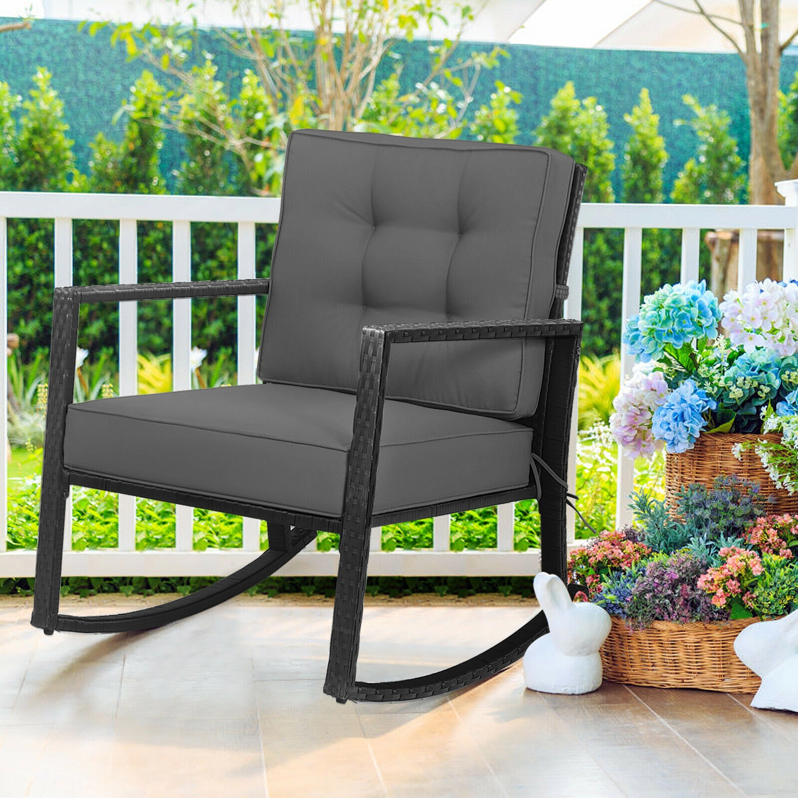 SUGIFT Black Rattan Outdoor Rocking Chair, 5-Inch Cushion, 360-Lb Capacity