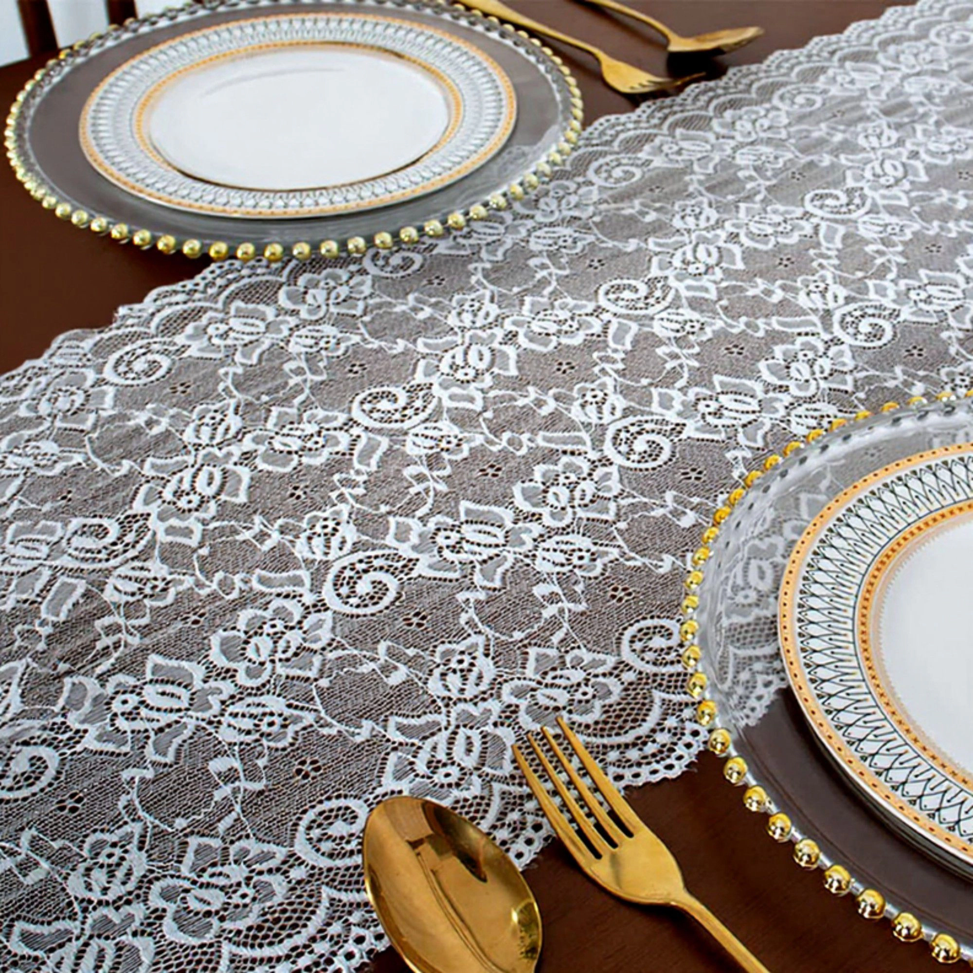 Alilang Women Floral Lace Table Runner with Scalloped Edges and Sheer Overlay