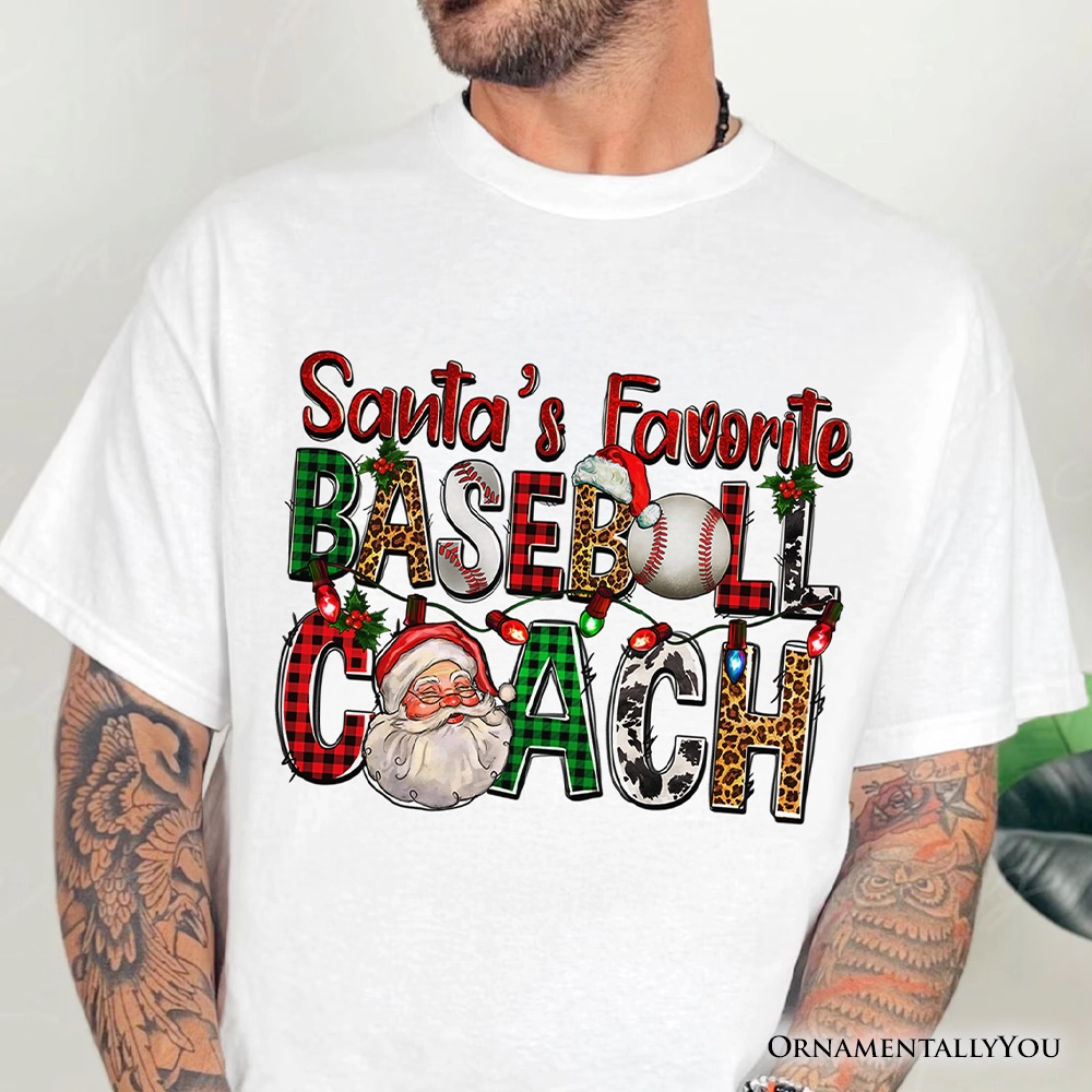 OrnamentallyYou Mens Santa's Favorite Baseball Coach Plaid Christmas T-Shirt