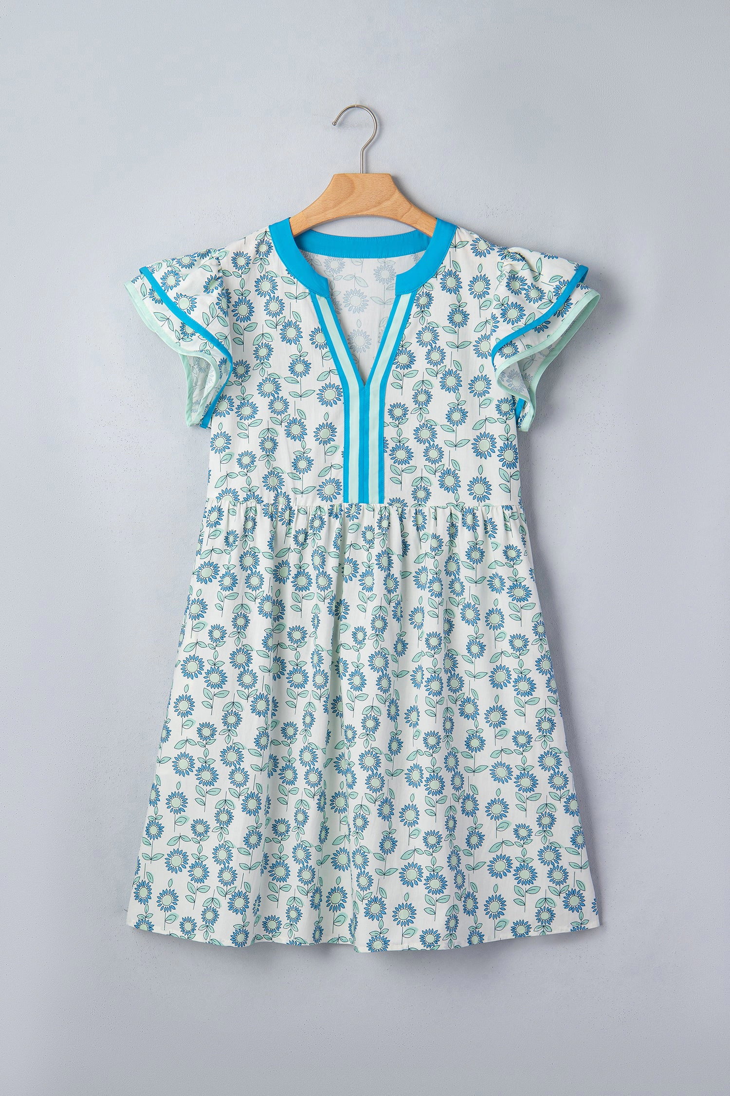 Threaded Pear Womens Marlowe Flutter Sleeve Mini Dress - Sunflower Print Sky Blue