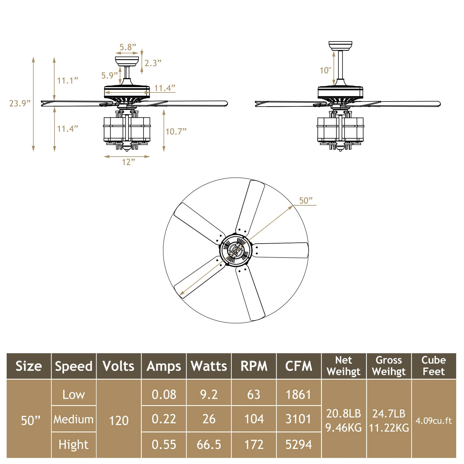 SUGIFT 50-in Reversible 5-Blade Ceiling Fan Light with Explosion-Proof Glass Lampshades 3-Speed Remote-Controlled Black