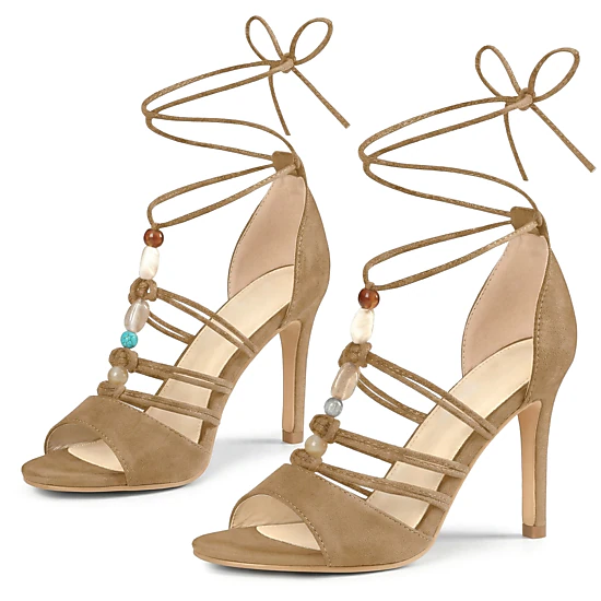 BLISSFUL STEP Women's Lace Up Strappy Stiletto Heel Sandals