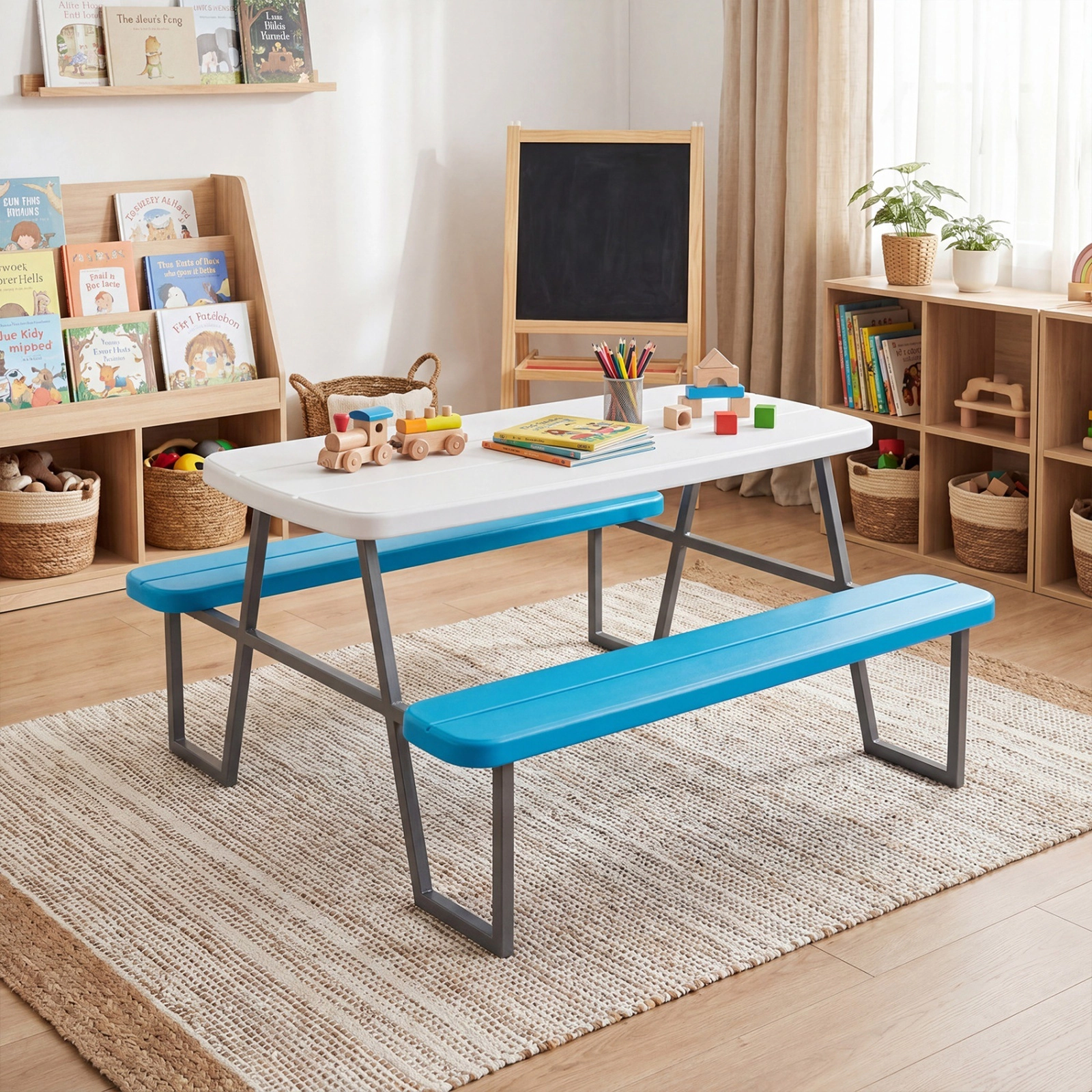 SUGIFT Kids’ Picnic Table Set with Umbrella, Blue HDPE Table and Benches for 4