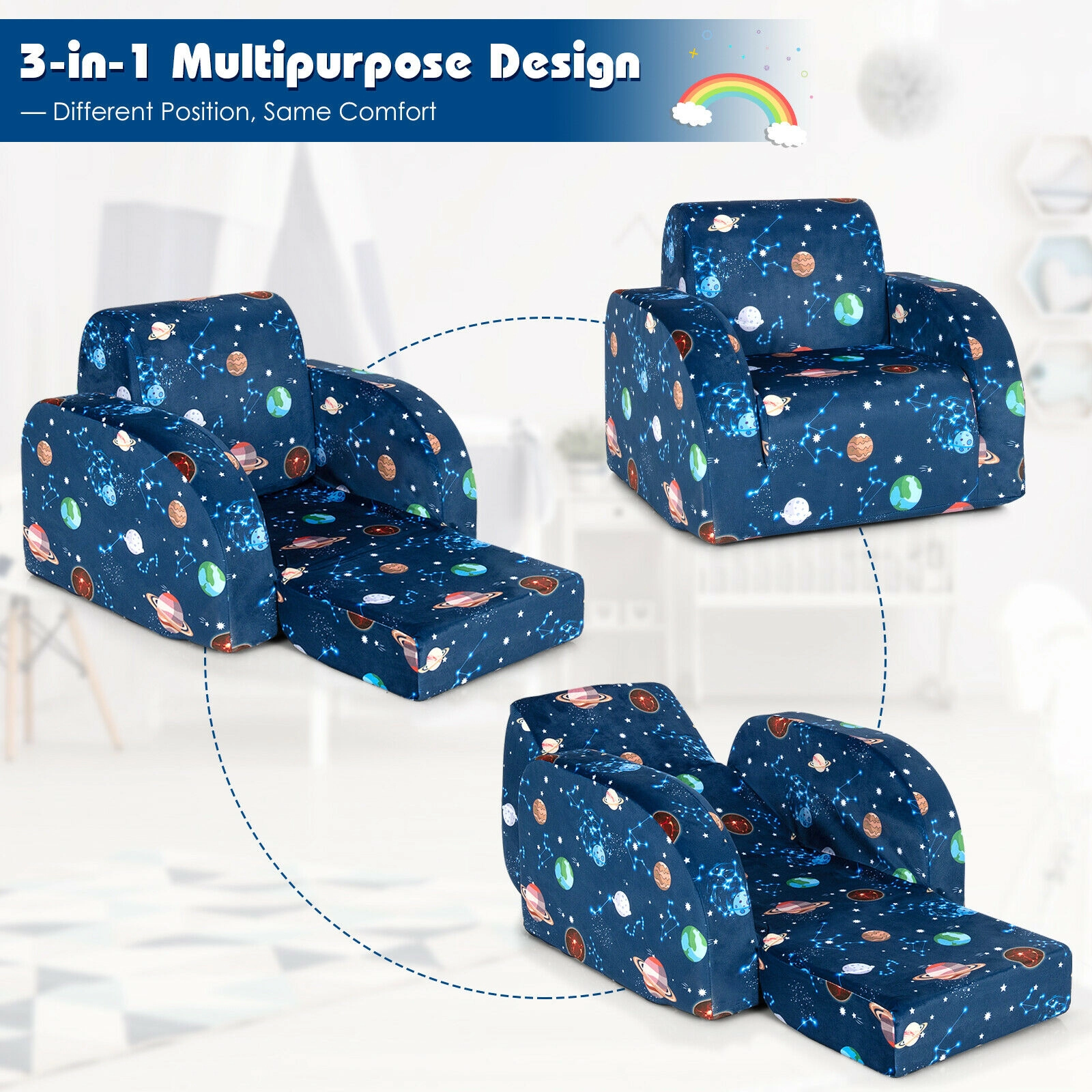 SUGIFT Blue for Toddlers 3-in-1 Convertible Kids Flip-Out Sofa Chair Lounger