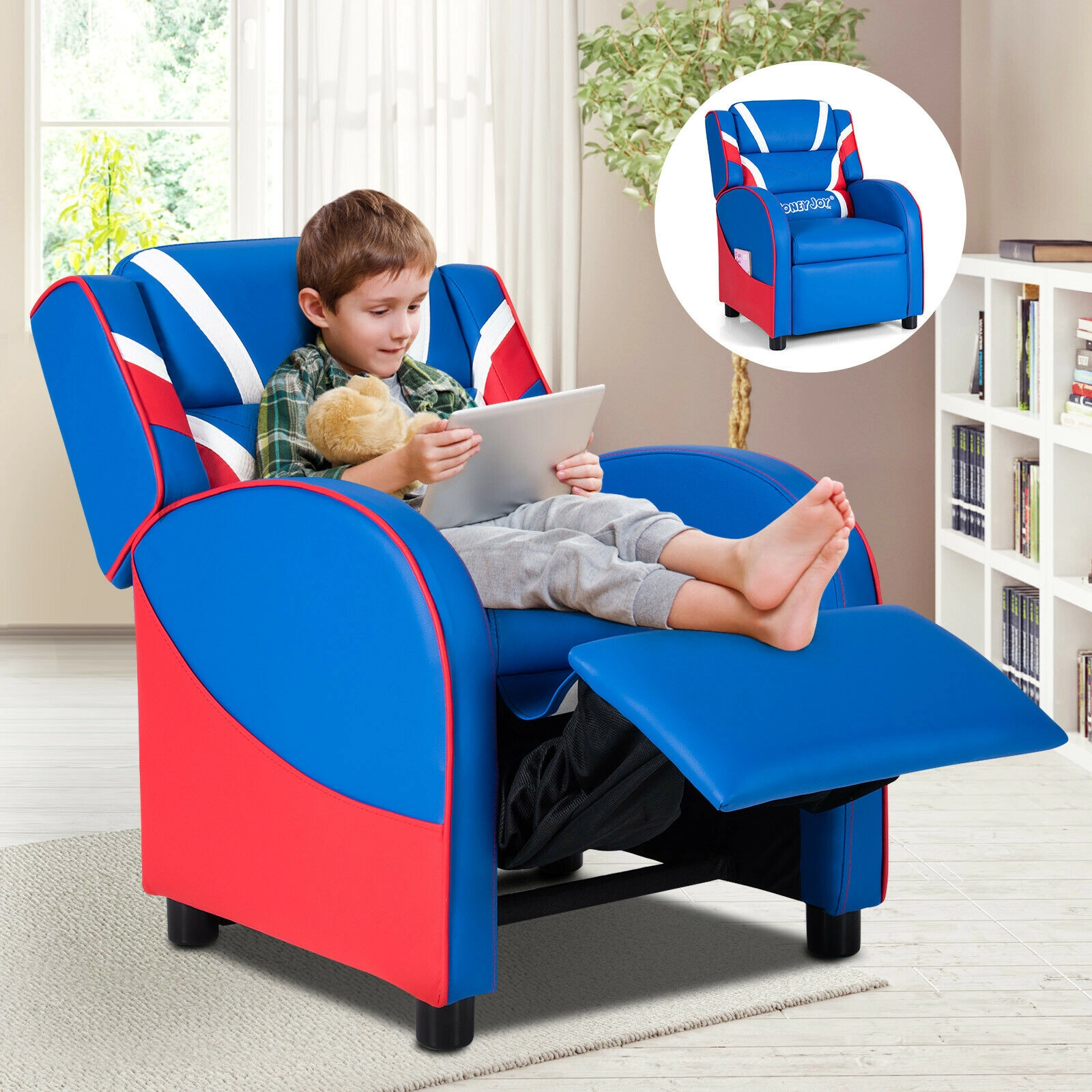 SUGIFT Adjustable PU Leather Kids Recliner Chair with Side Pockets 155-lb Capacity Ages 3-9 30-in Tall Blue