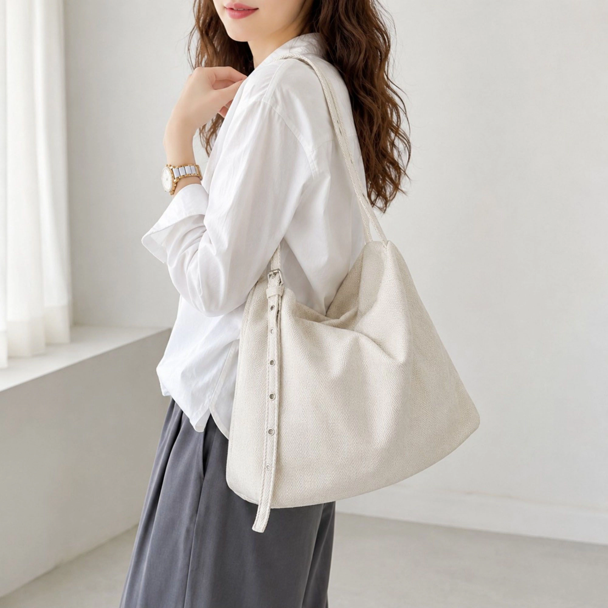 Alilang Women's Herringbone Tote Bag with Adjustable Strap and Rivet Detail