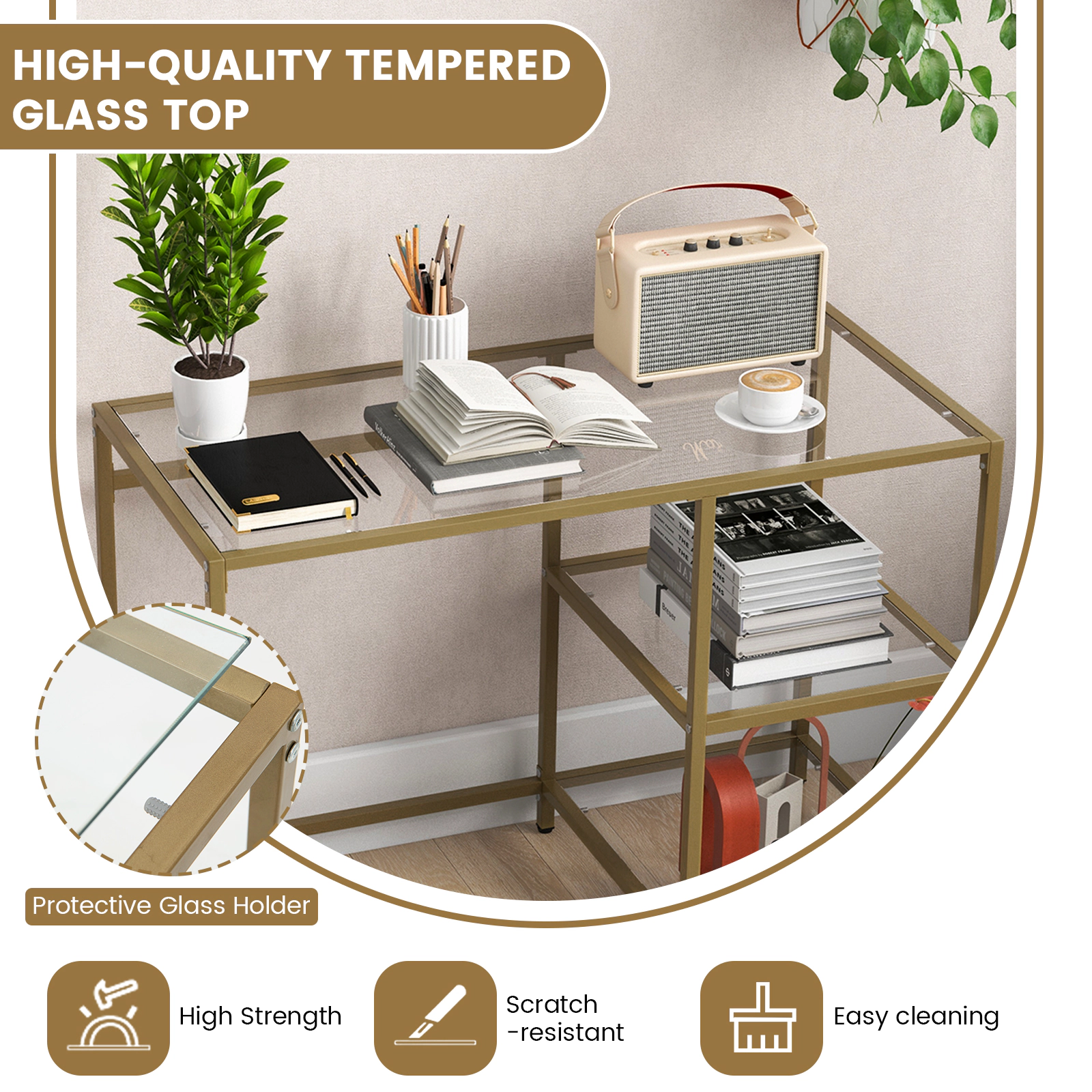 SUGIFT Tempered Glass Metal Frame 2 Open Shelves Adjustable Feet Console Table In Golden