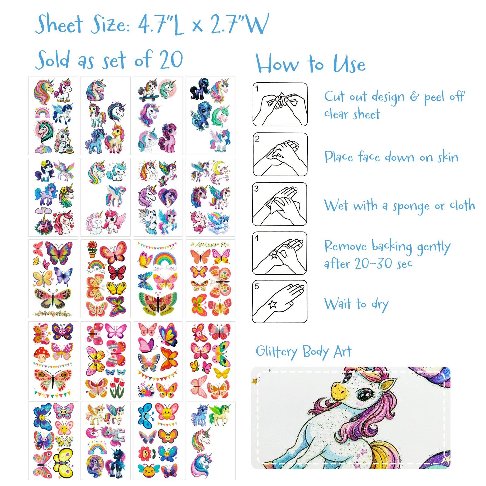 Wrapables Waterproof Glitter Temporary Tattoos, Birthday Party Favors and Supplies