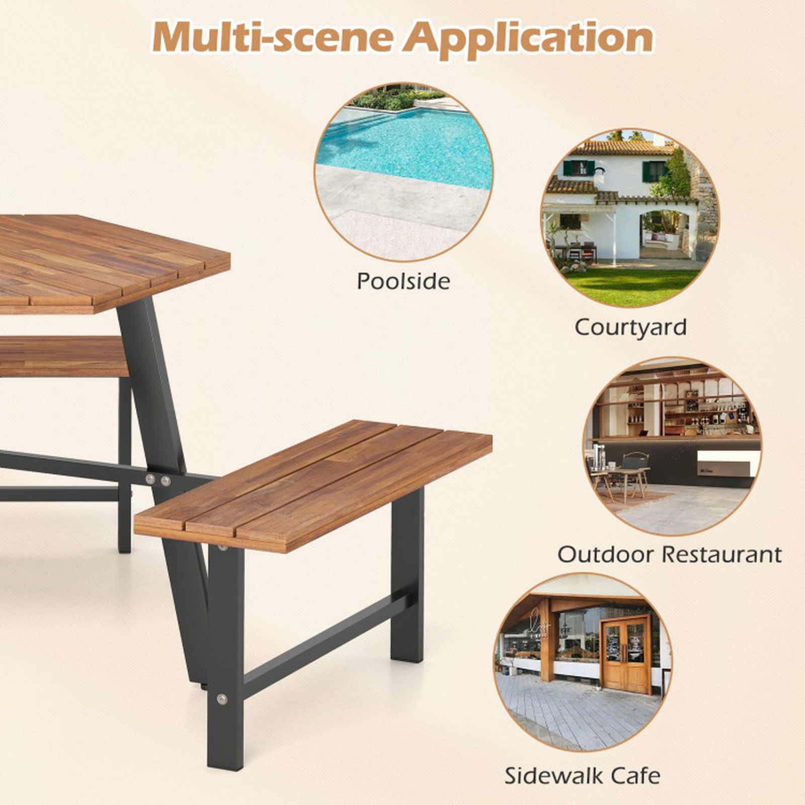 SUGIFT Acacia Wood Picnic Table Bench Set for 6 with 3 Seats and Umbrella Hole
