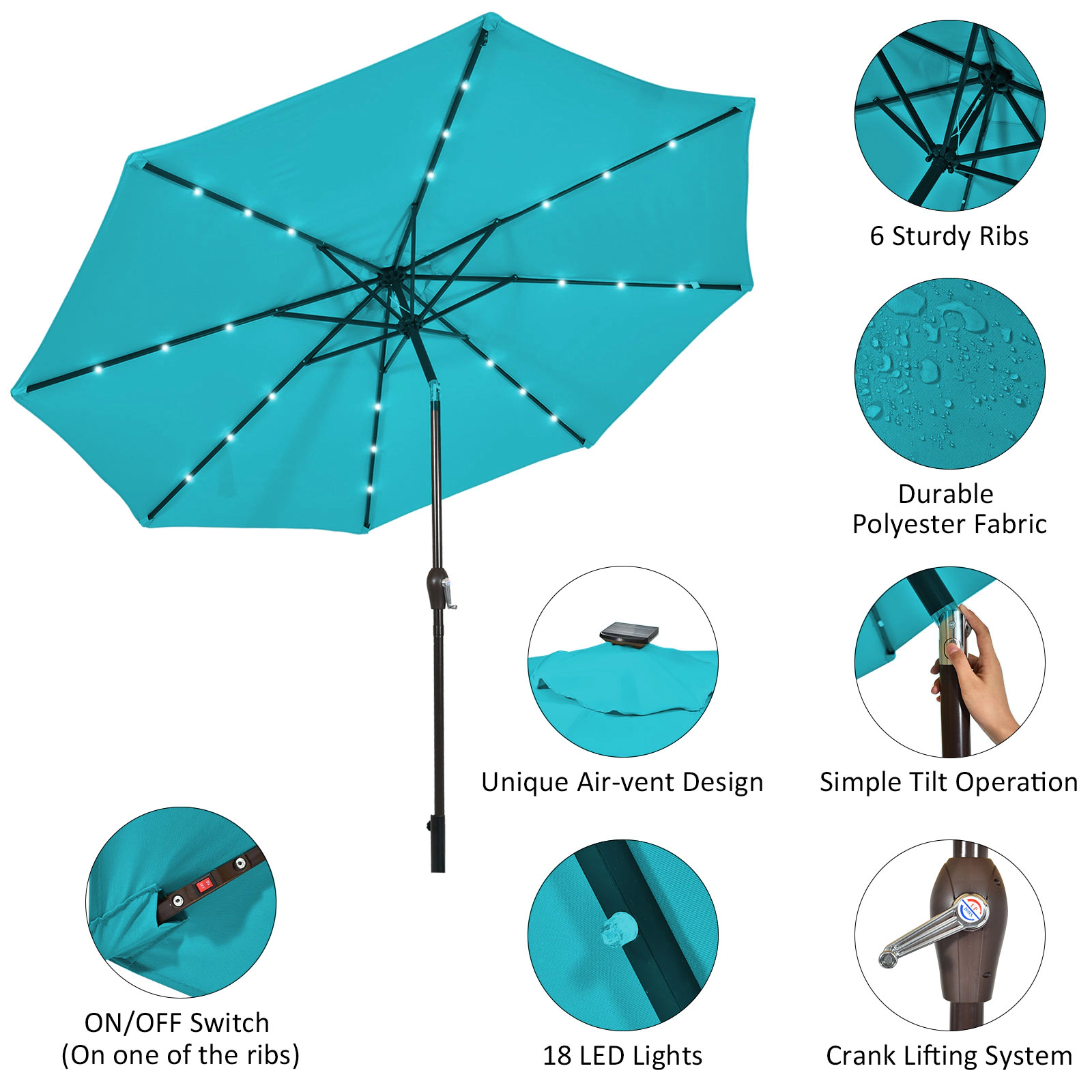 SUGIFT 10-Ft Outdoor Patio Umbrella 24 Solar LED Lights Crank Lift & Push Button Tilt 10-ft Canopy Diameter Turquoise