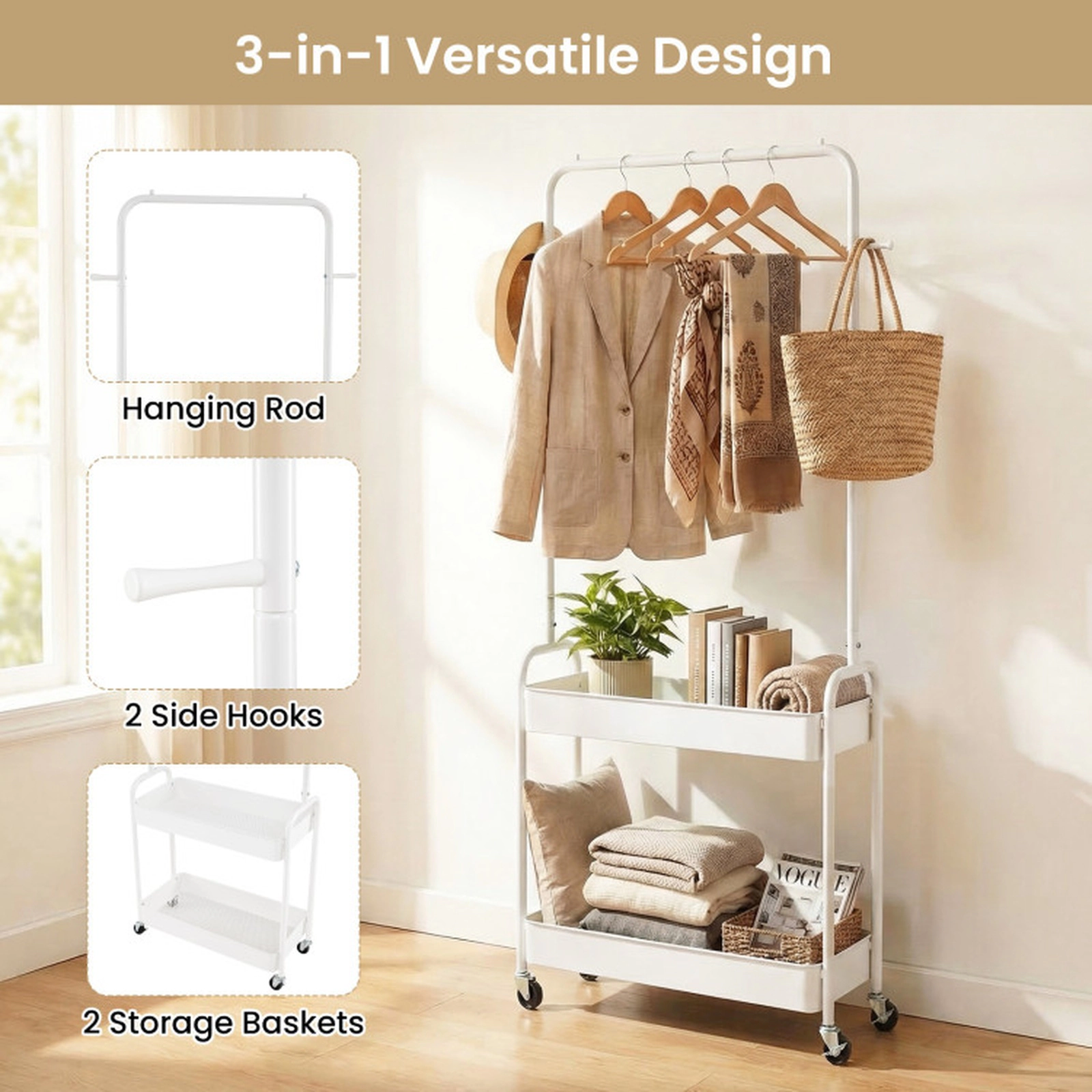 SUGIFT 65-in 80-lb Capacity White Rolling Clothes Rack with Hanging Rod Hooks and 2 Storage Baskets