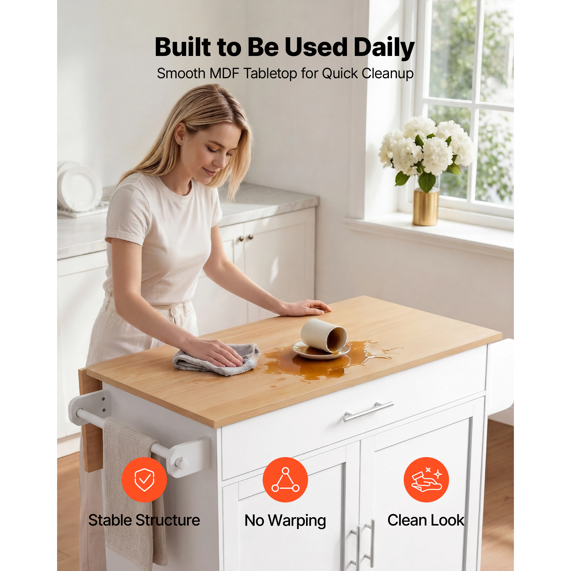 HONGGE Kitchen Island Cart with Storage 42.28 Wide Mobile Rolling on Swivel Wheels Drawer