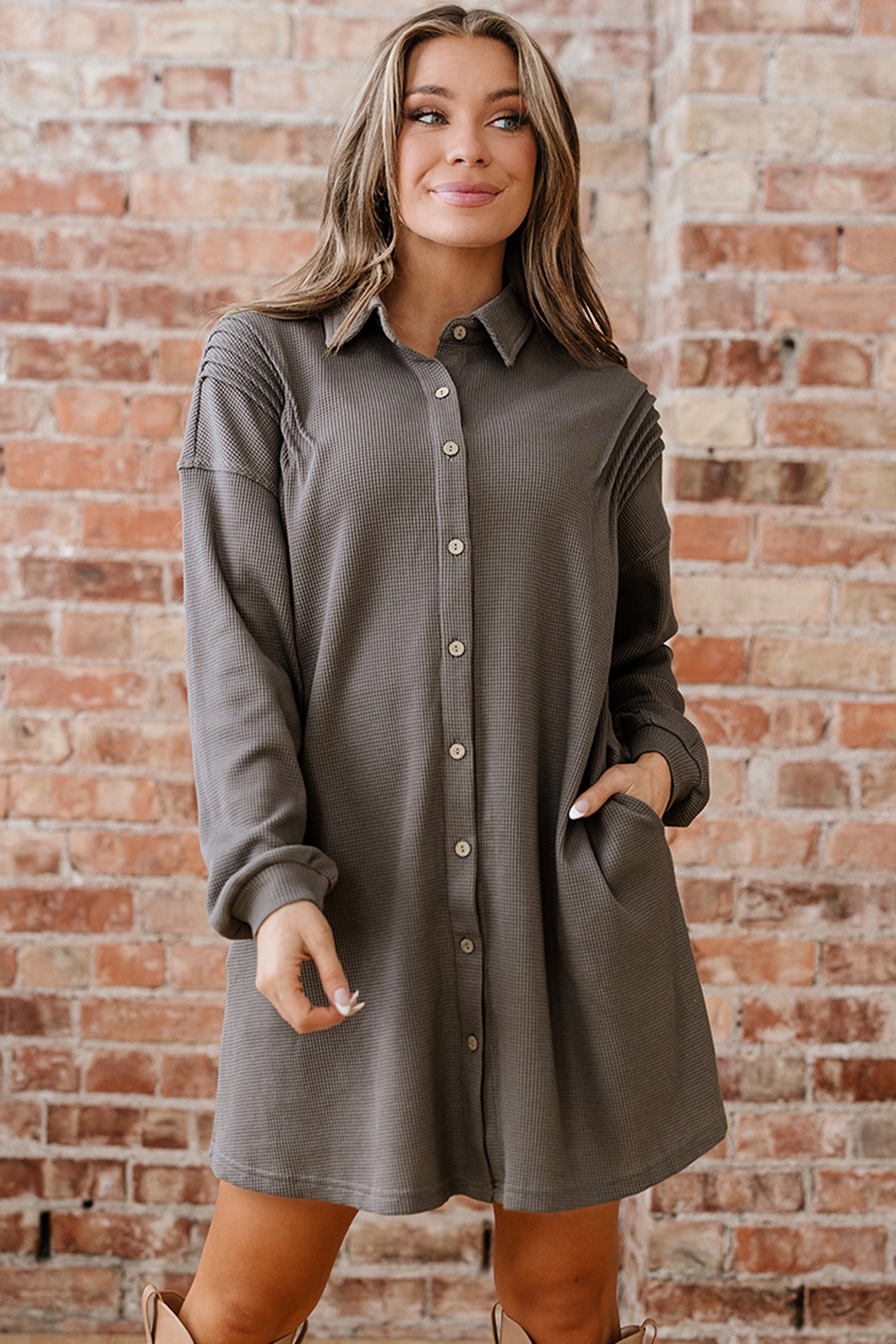 Threaded Pear Women's Viviana Taupe Waffle Knit Shirt