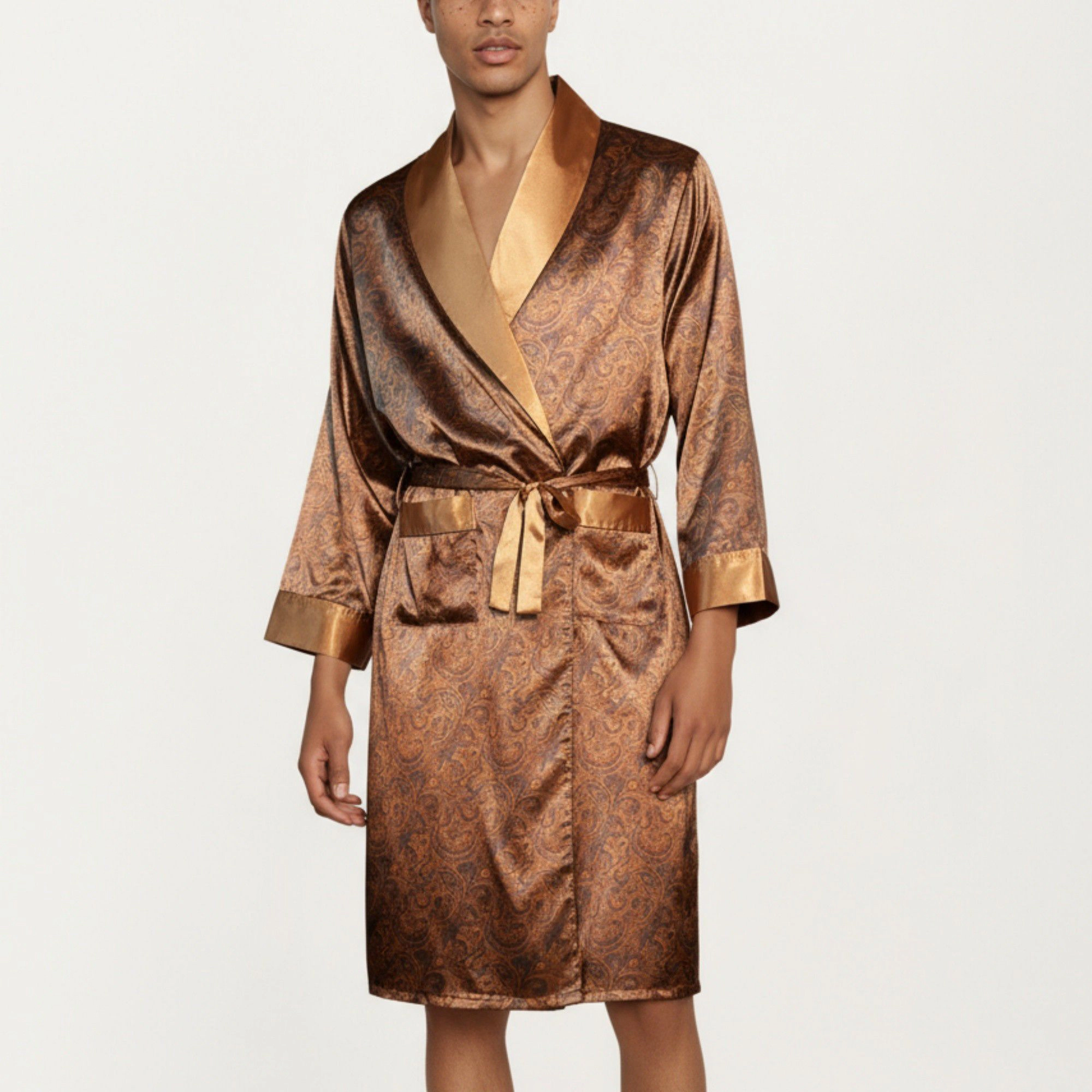 Anna-Kaci Men's Paisley Print Satin Robe with Contrast Shawl Collar and Waist Tie