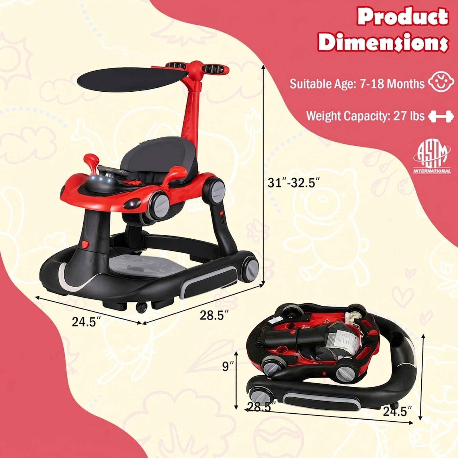 SUGIFT 6-in-1 Baby Walker Activity Center Bouncer Rocker Combo 27-lb Capacity Ages 7-18 Months Red