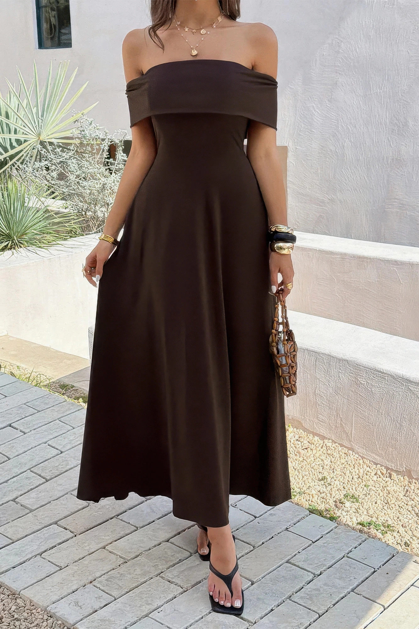 TRUEDAMES Women Off Shoulder Solid Backless Full Elegant Dress